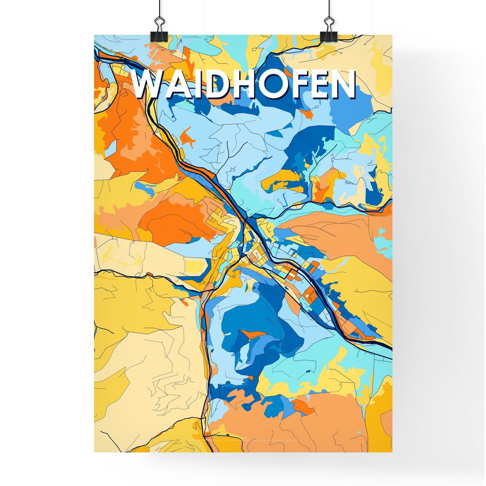 WAIDHOFEN AUSTRIA Vibrant Colorful Art Map Poster Blue Orange