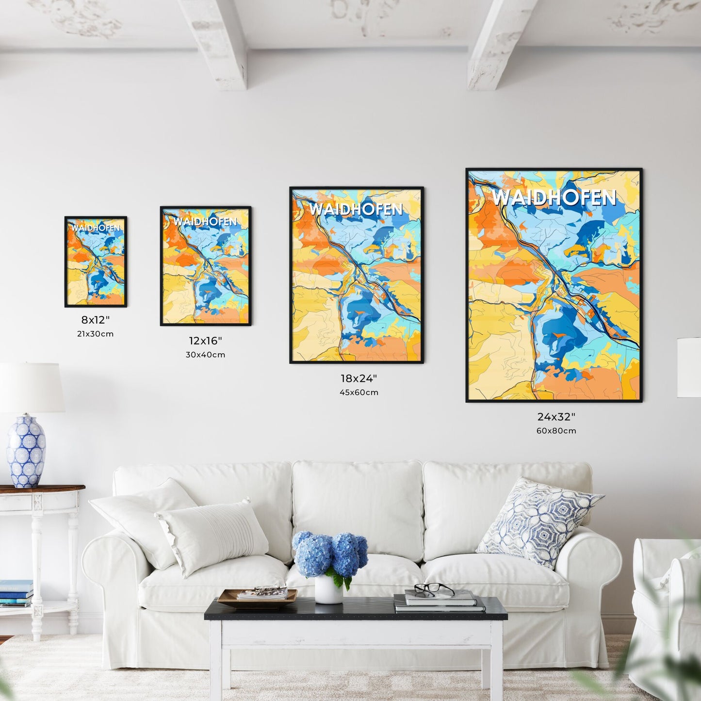 WAIDHOFEN AUSTRIA Vibrant Colorful Art Map Poster Blue Orange