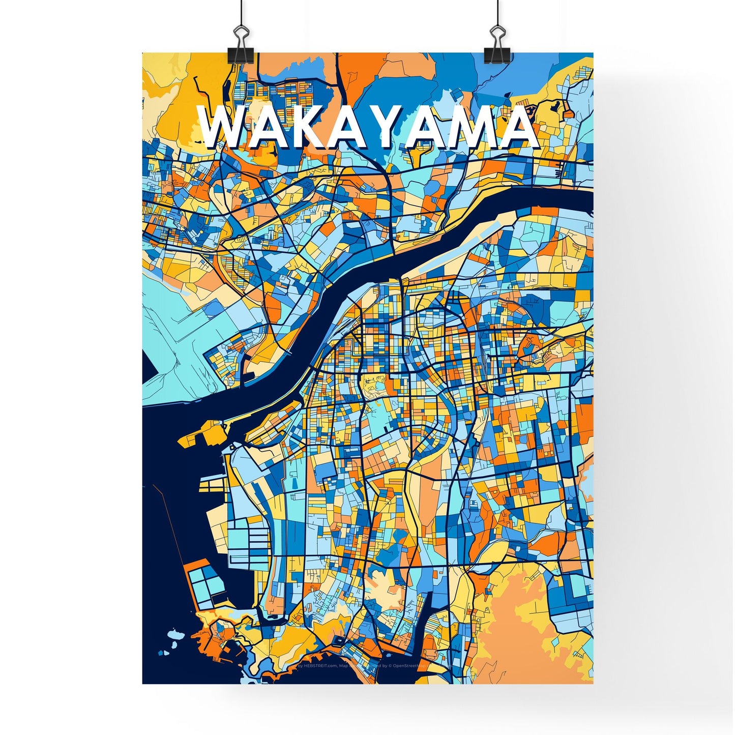 WAKAYAMA JAPAN Vibrant Colorful Art Map Poster Blue Orange