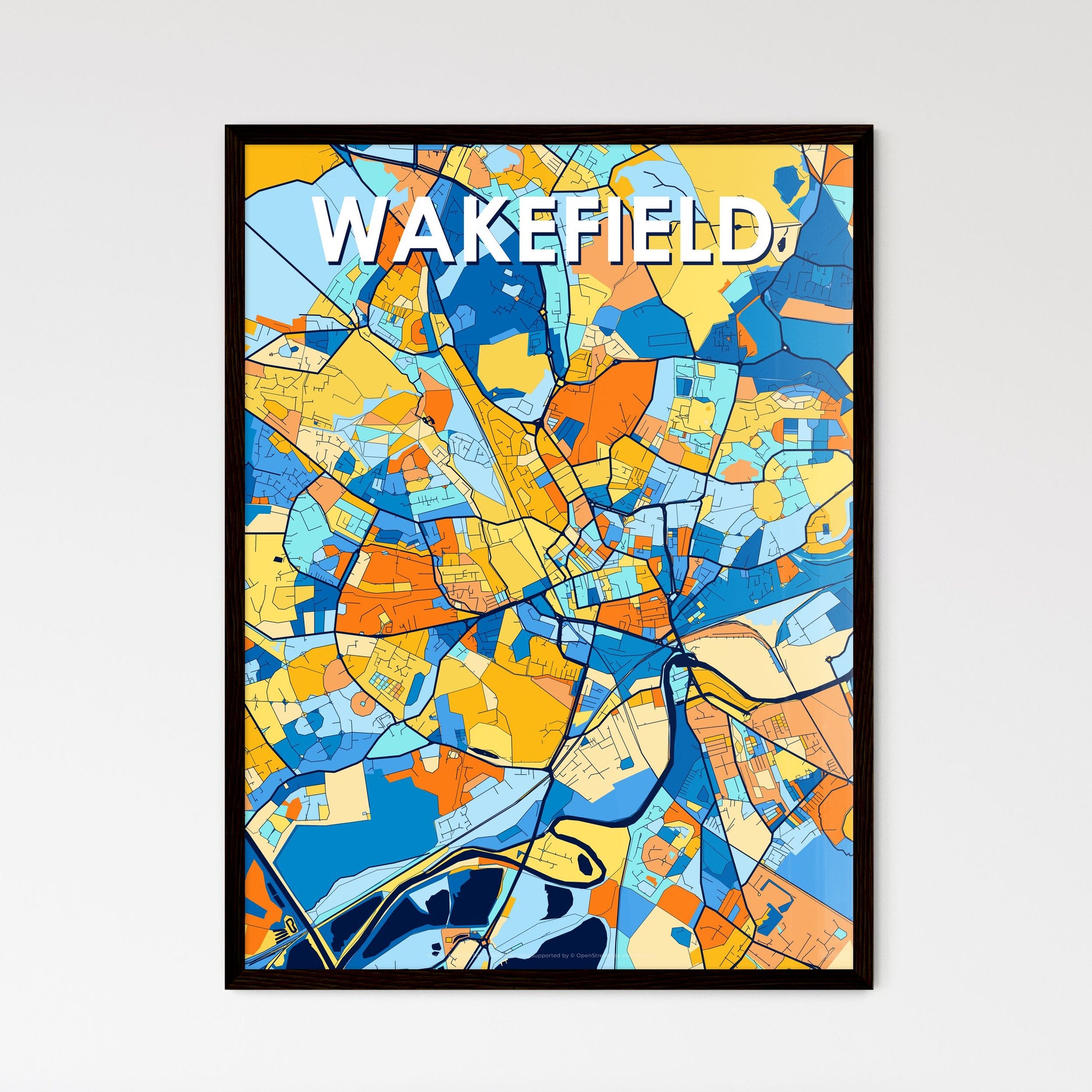 WAKEFIELD ENGLAND Vibrant Colorful Art Map Poster Blue Orange