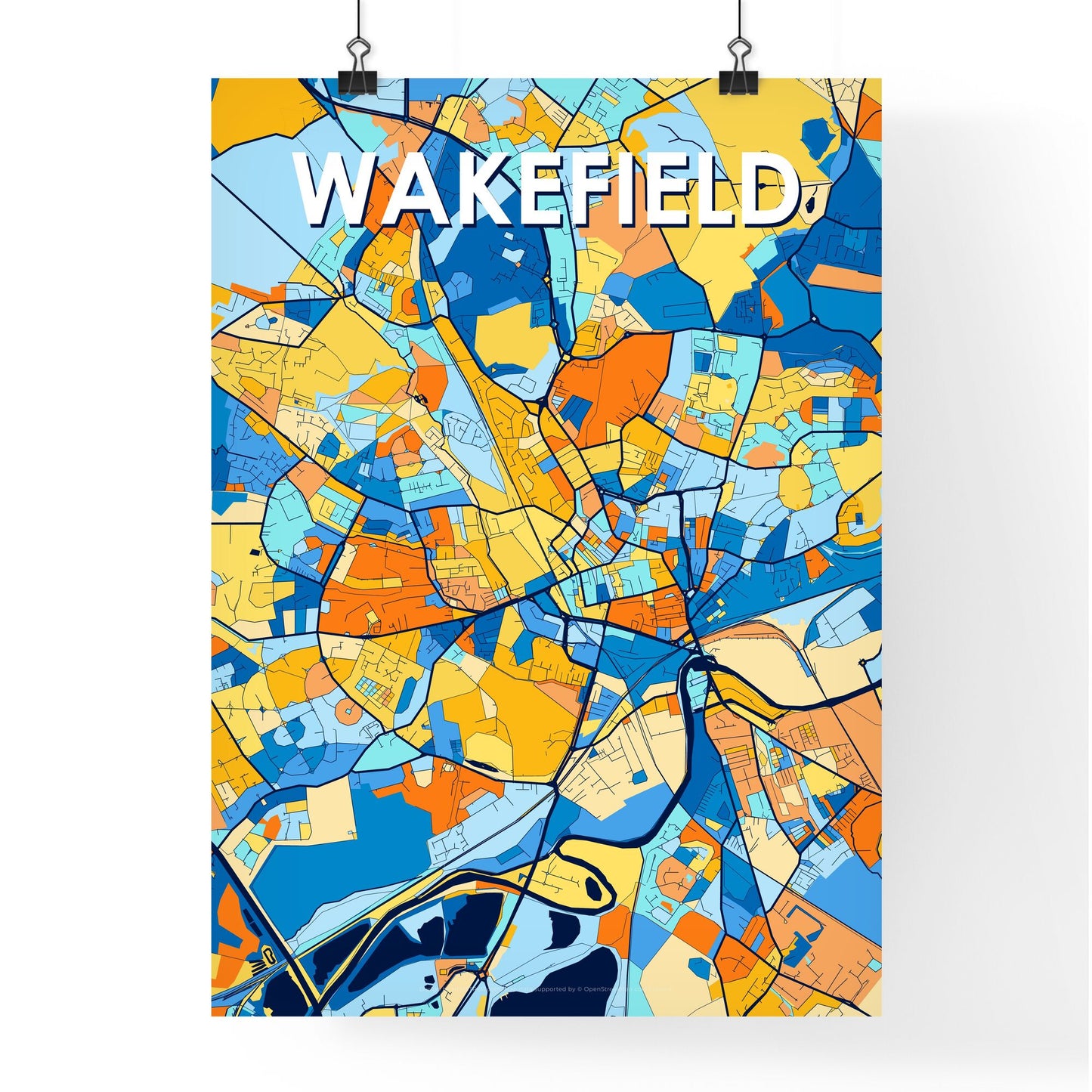 WAKEFIELD ENGLAND Vibrant Colorful Art Map Poster Blue Orange