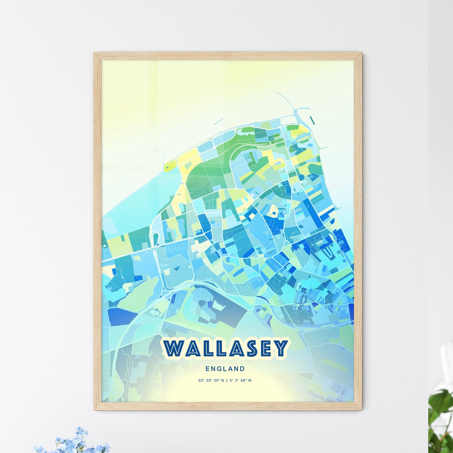 Colorful Wallasey England Fine Art Map Cool Blue