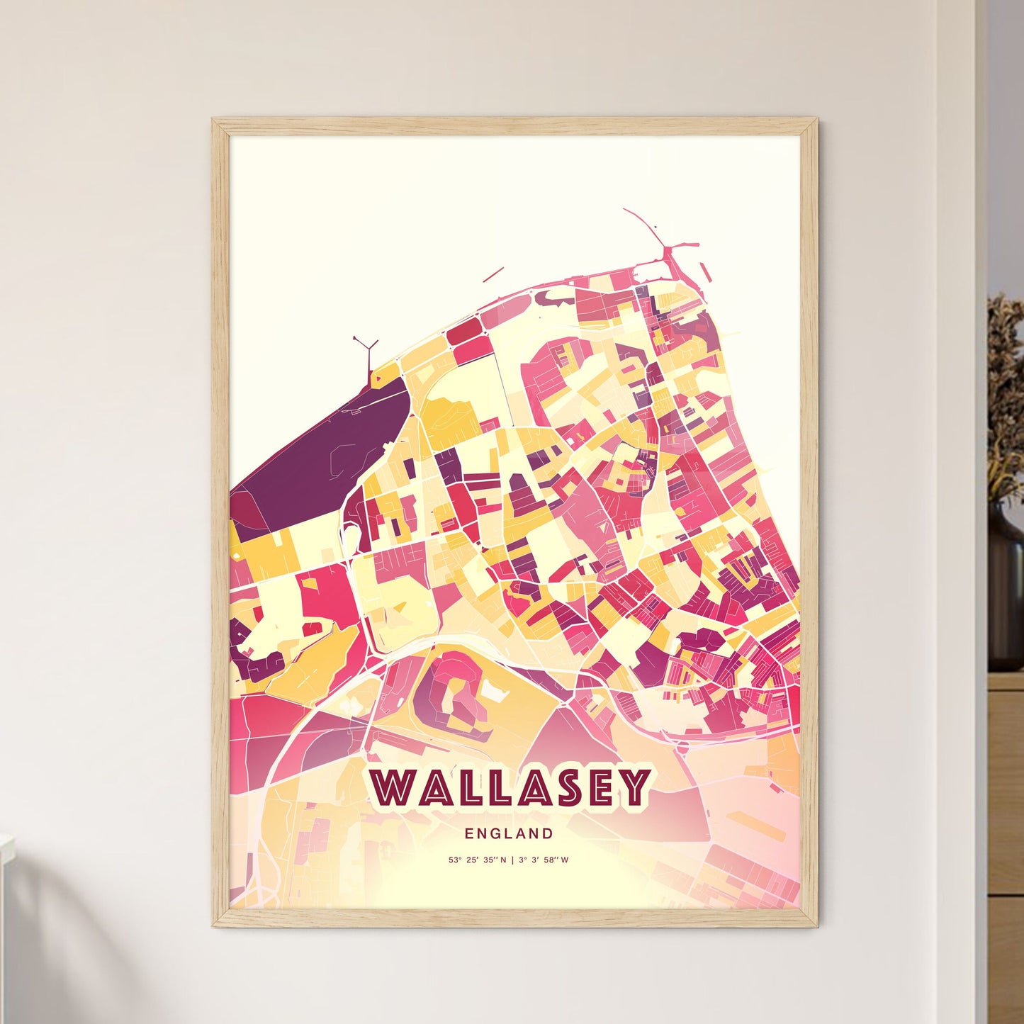 Colorful Wallasey England Fine Art Map Hot Red