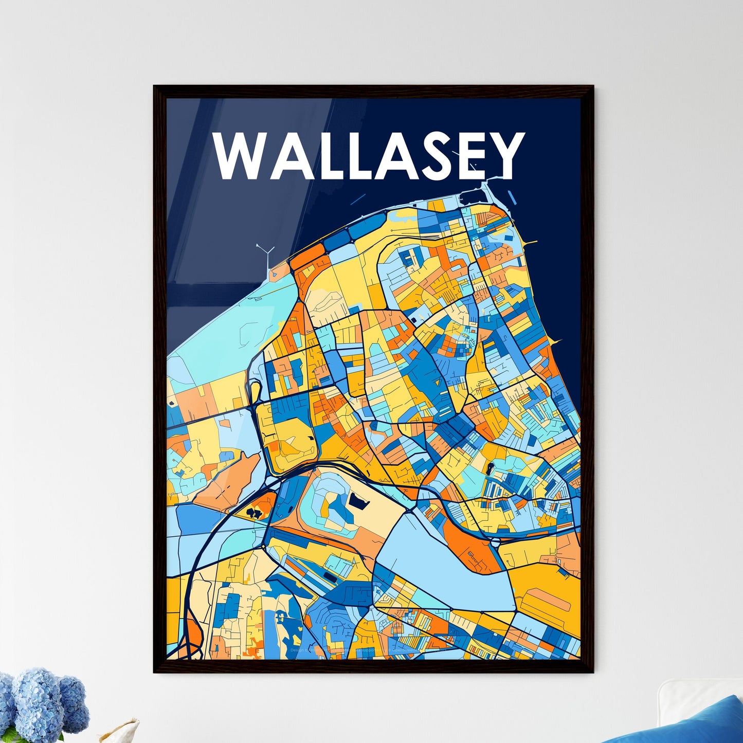 WALLASEY ENGLAND Vibrant Colorful Art Map Poster Blue Orange