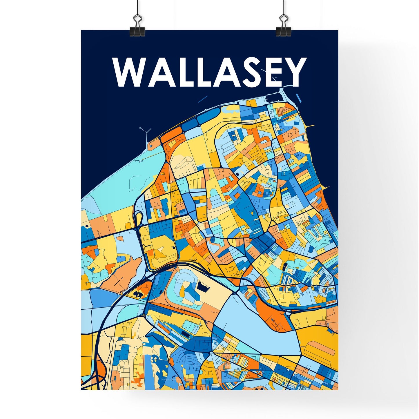 WALLASEY ENGLAND Vibrant Colorful Art Map Poster Blue Orange