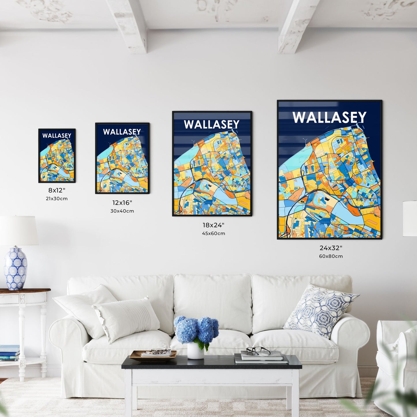 WALLASEY ENGLAND Vibrant Colorful Art Map Poster Blue Orange