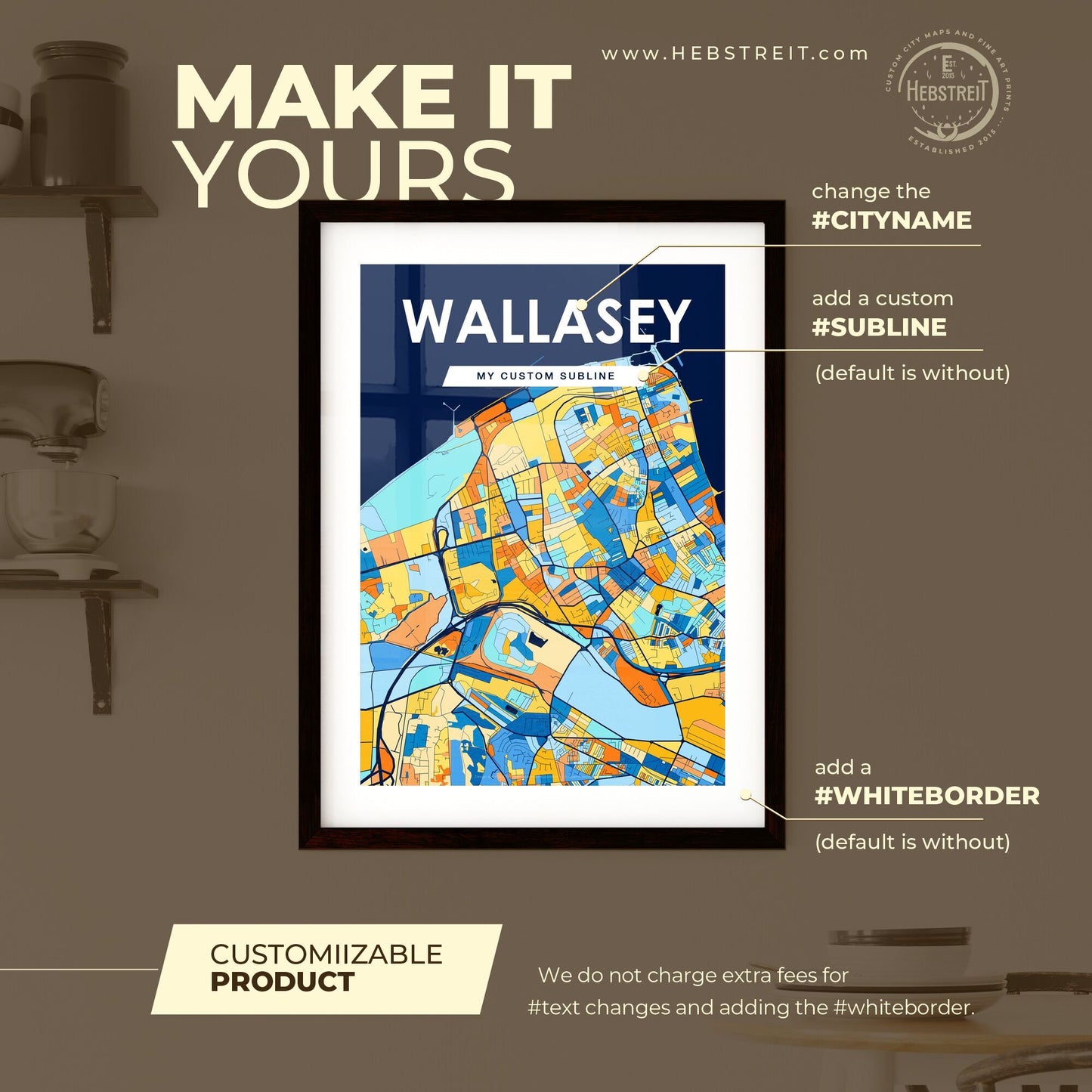 WALLASEY ENGLAND Vibrant Colorful Art Map Poster Blue Orange