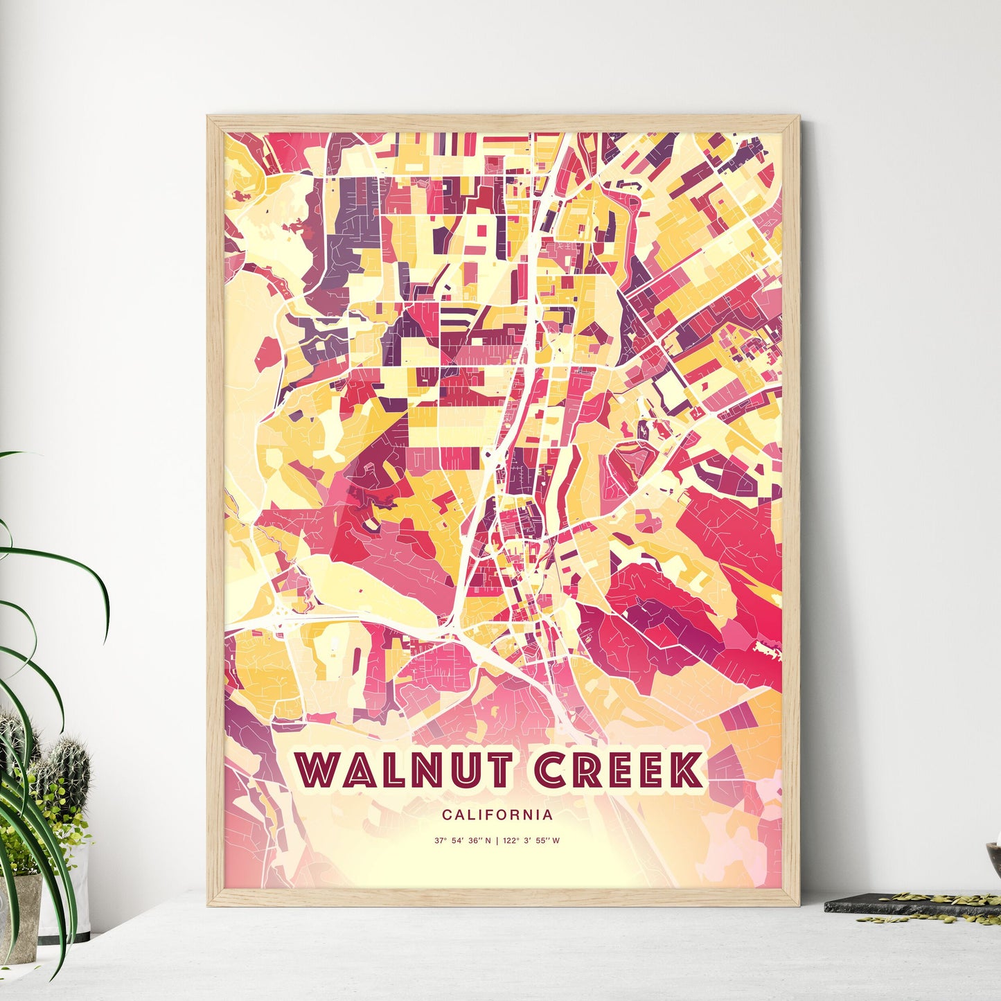 Colorful Walnut Creek California Fine Art Map Hot Red