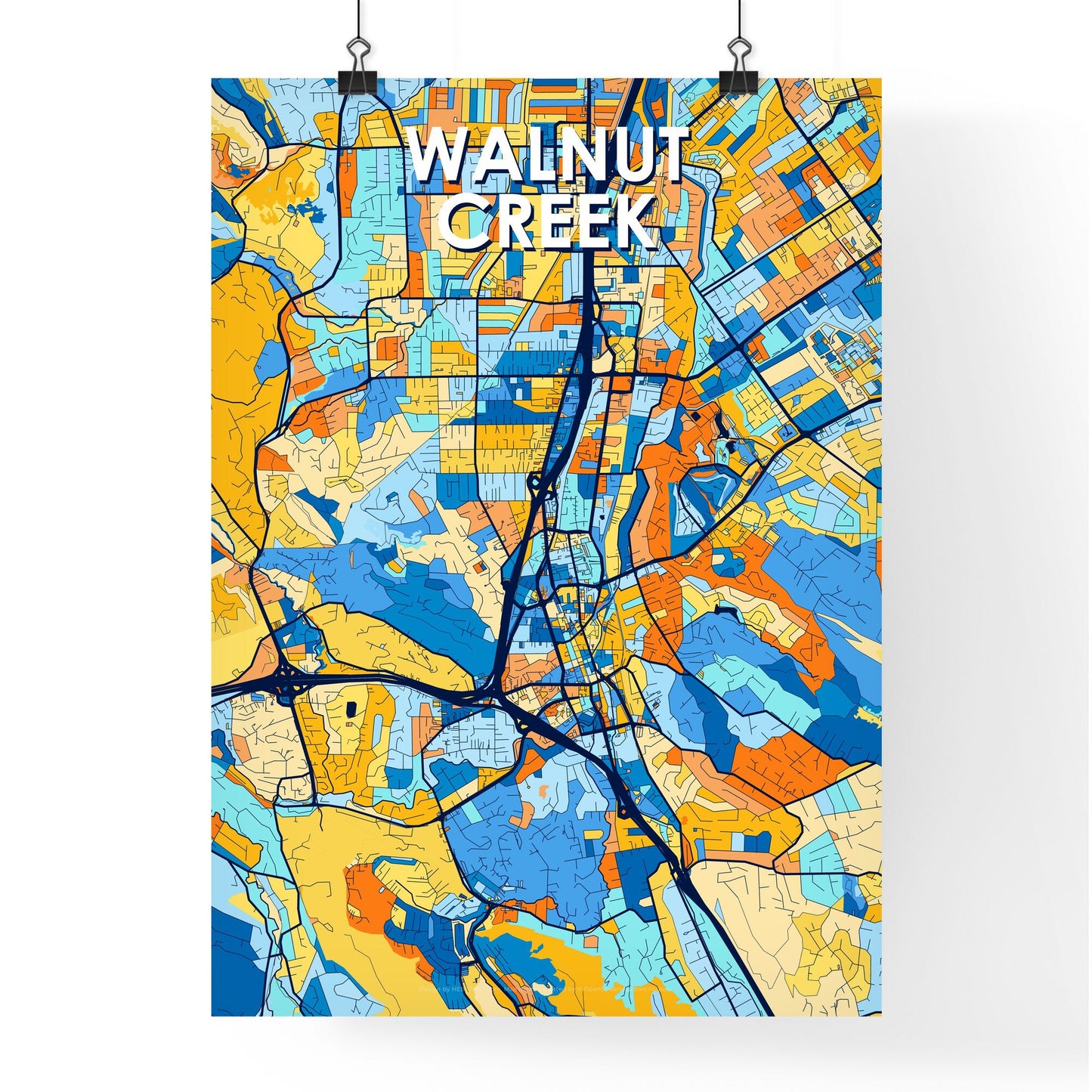 WALNUT CREEK CALIFORNIA Vibrant Colorful Art Map Poster Blue Orange