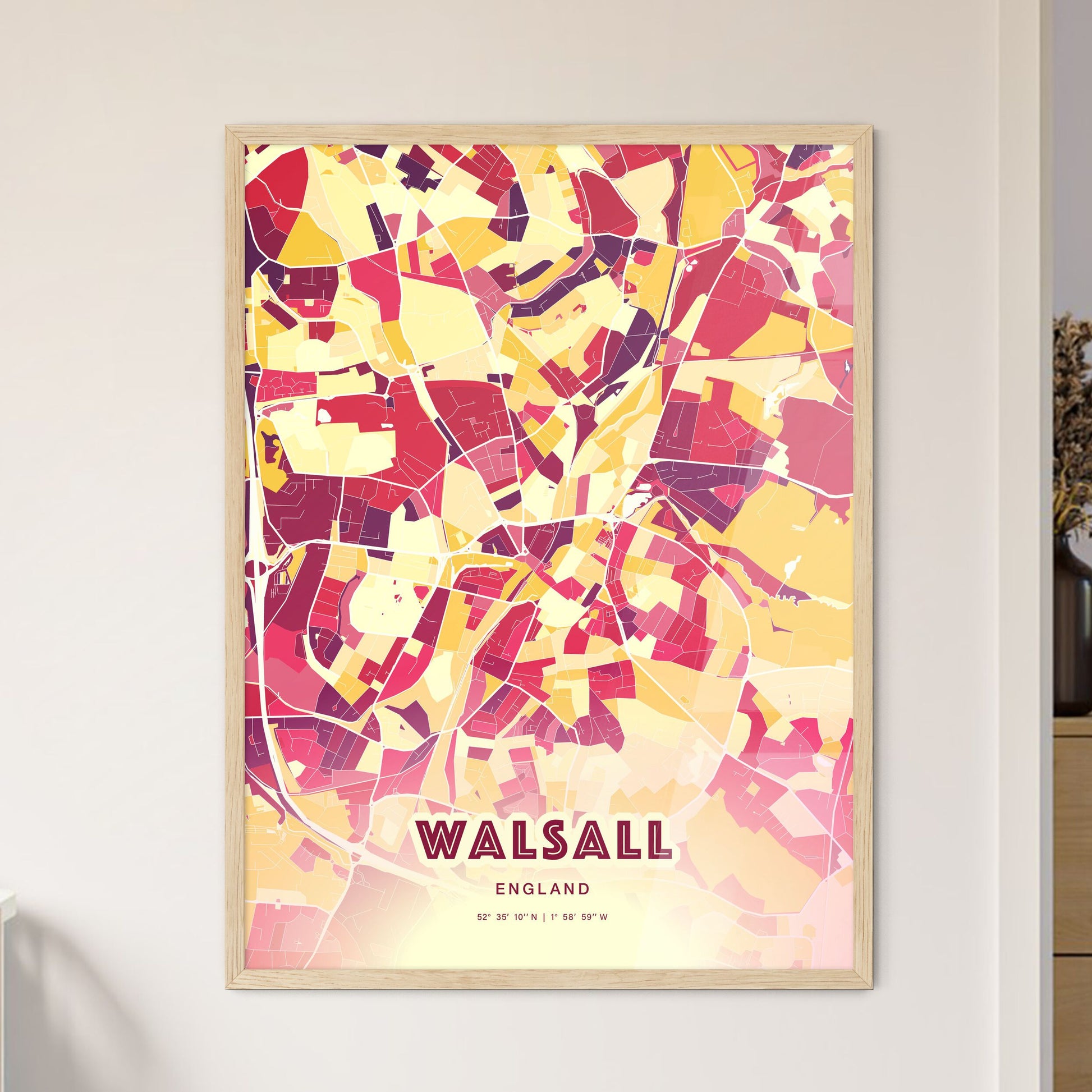 Colorful Walsall England Fine Art Map Hot Red