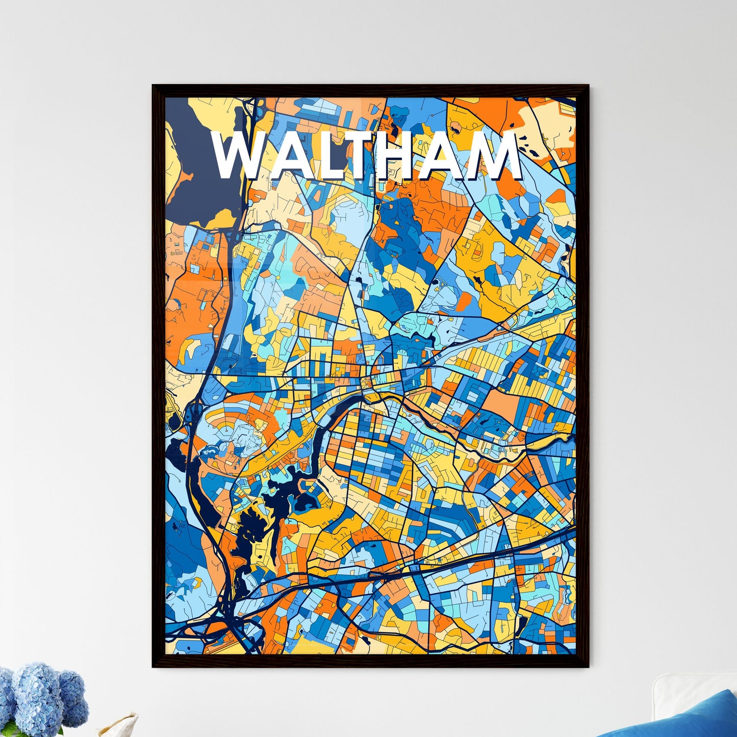 WALTHAM MASSACHUSETTS Vibrant Colorful Art Map Poster Blue Orange