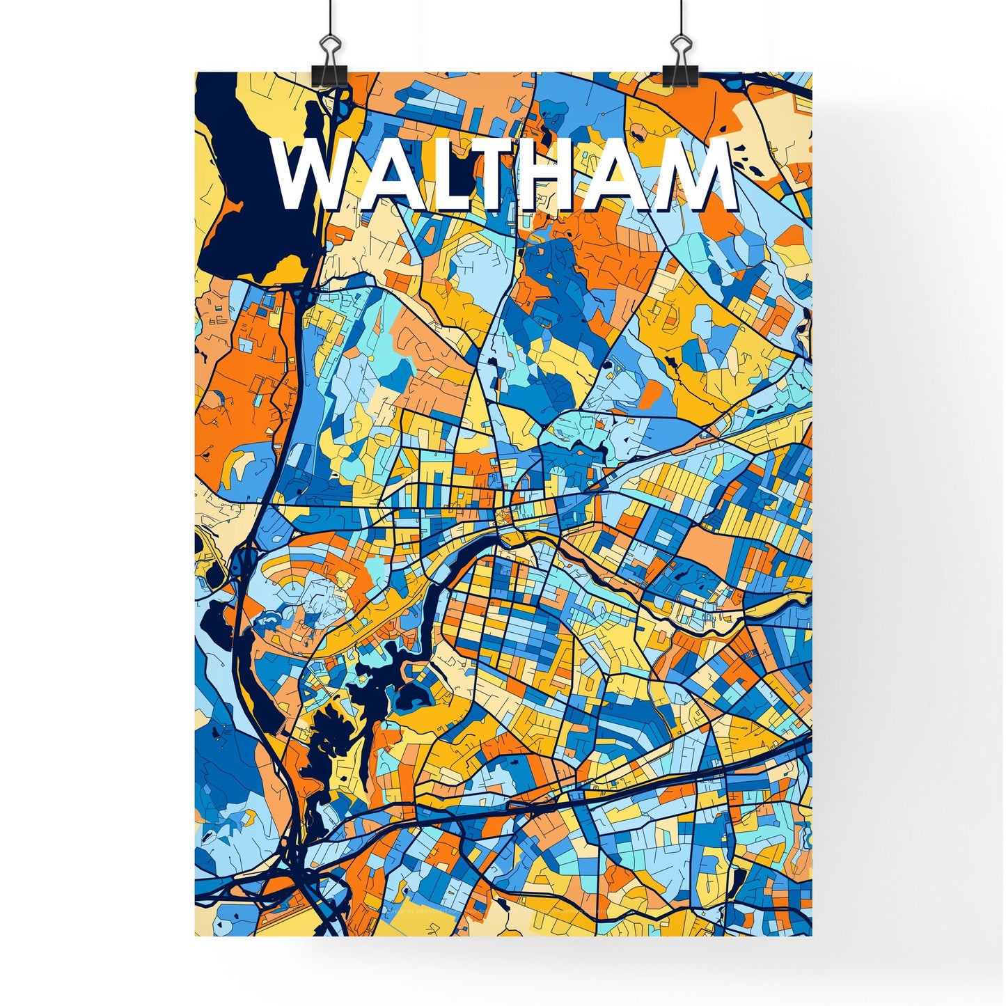 WALTHAM MASSACHUSETTS Vibrant Colorful Art Map Poster Blue Orange