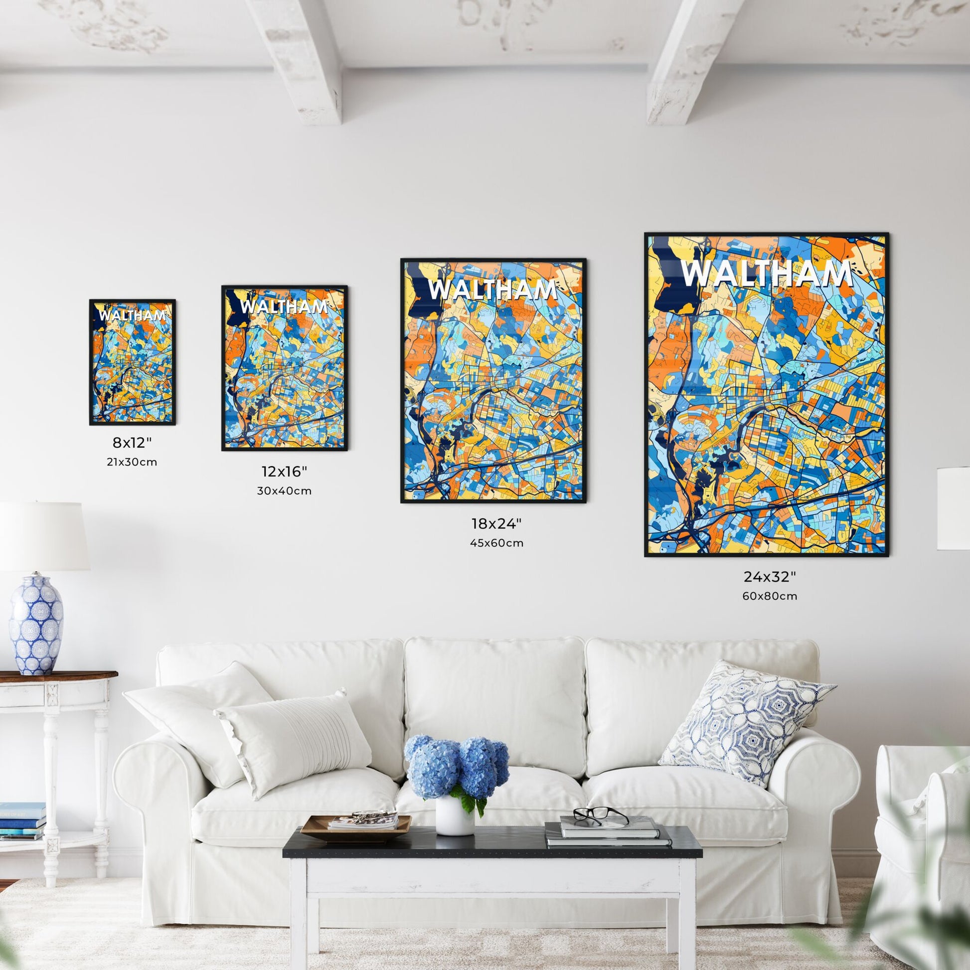 WALTHAM MASSACHUSETTS Vibrant Colorful Art Map Poster Blue Orange