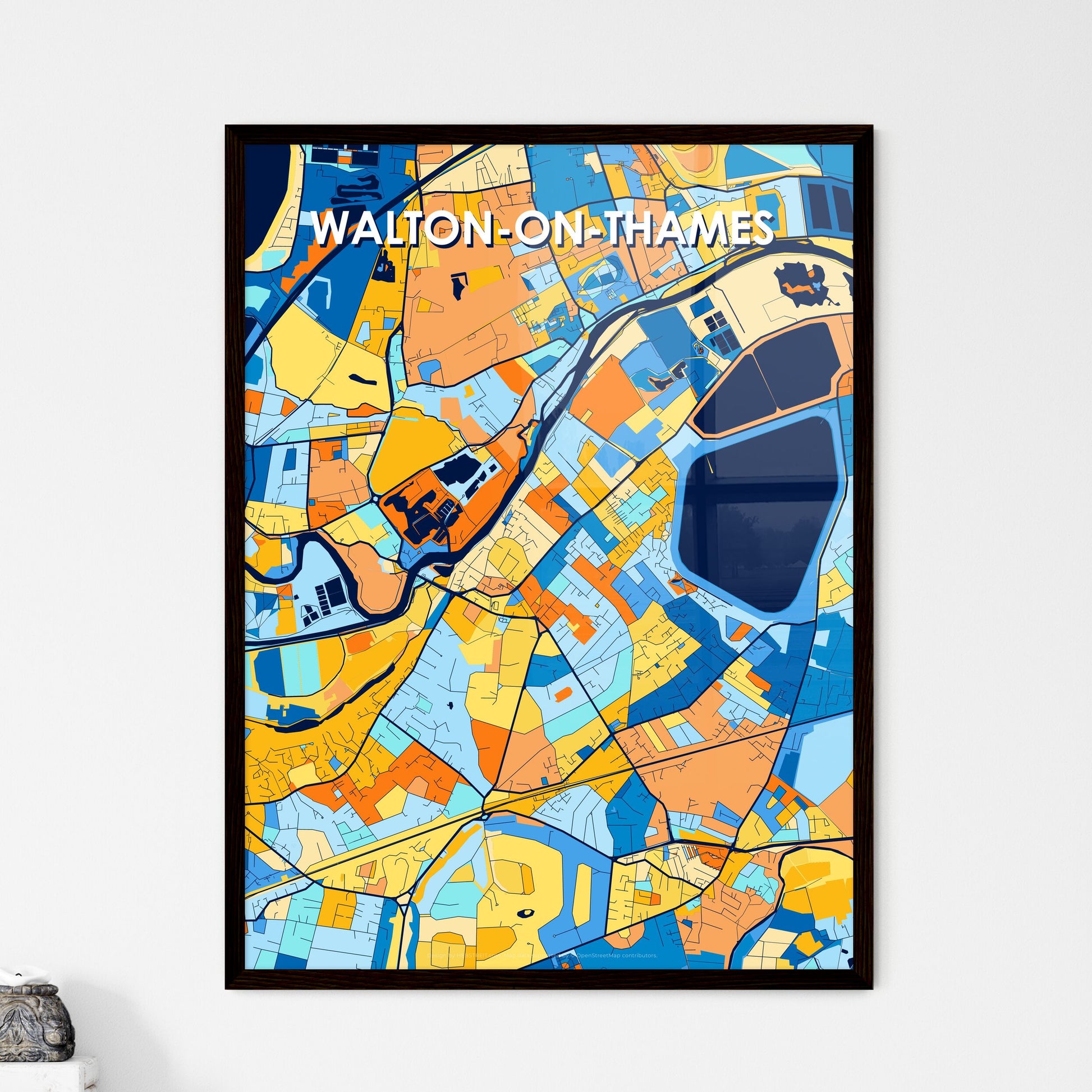 WALTON-ON-THAMES ENGLAND Vibrant Colorful Art Map Poster Blue Orange