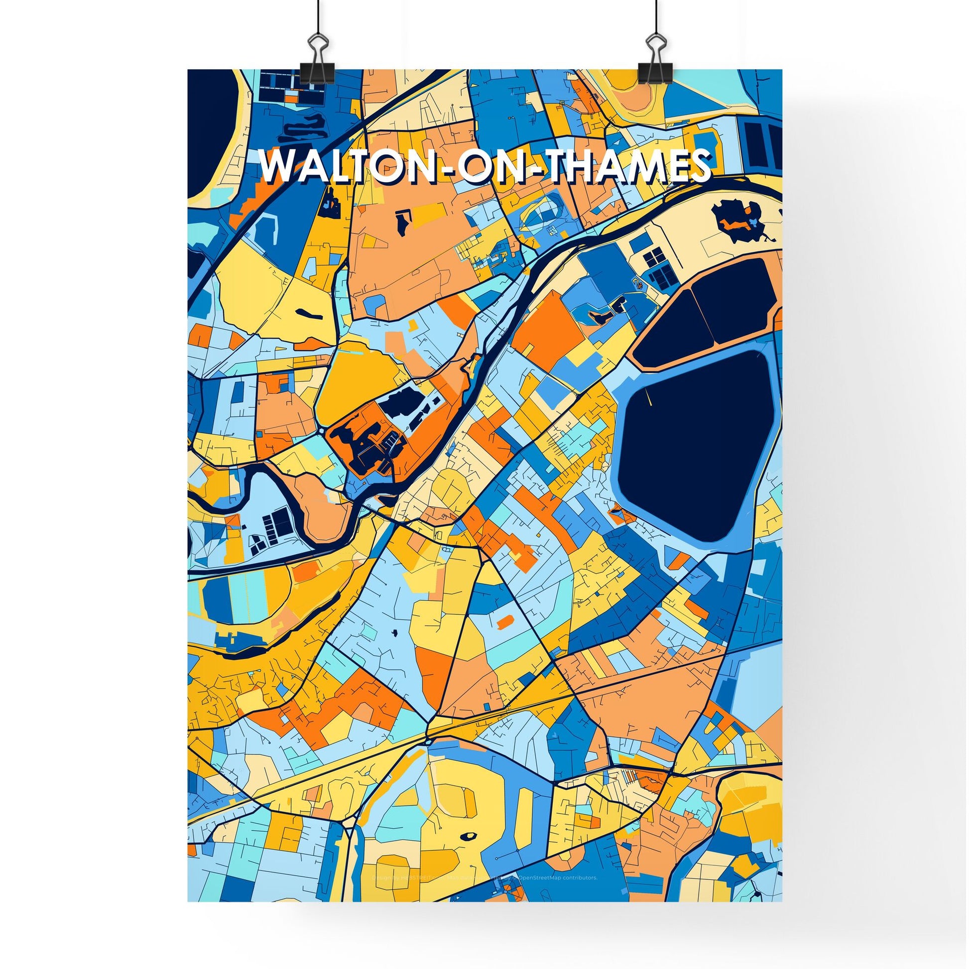 WALTON-ON-THAMES ENGLAND Vibrant Colorful Art Map Poster Blue Orange