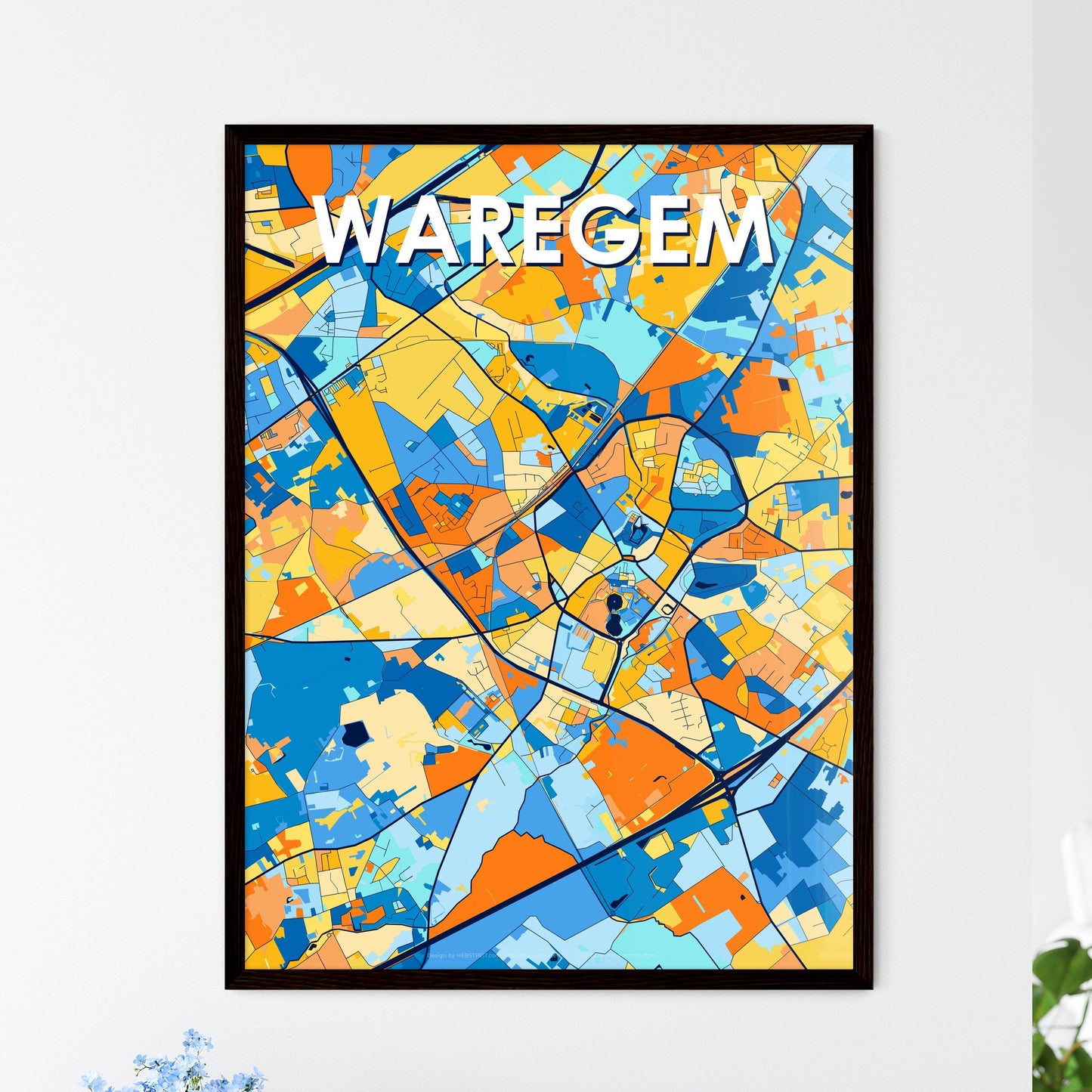 WAREGEM BELGIUM Vibrant Colorful Art Map Poster Blue Orange