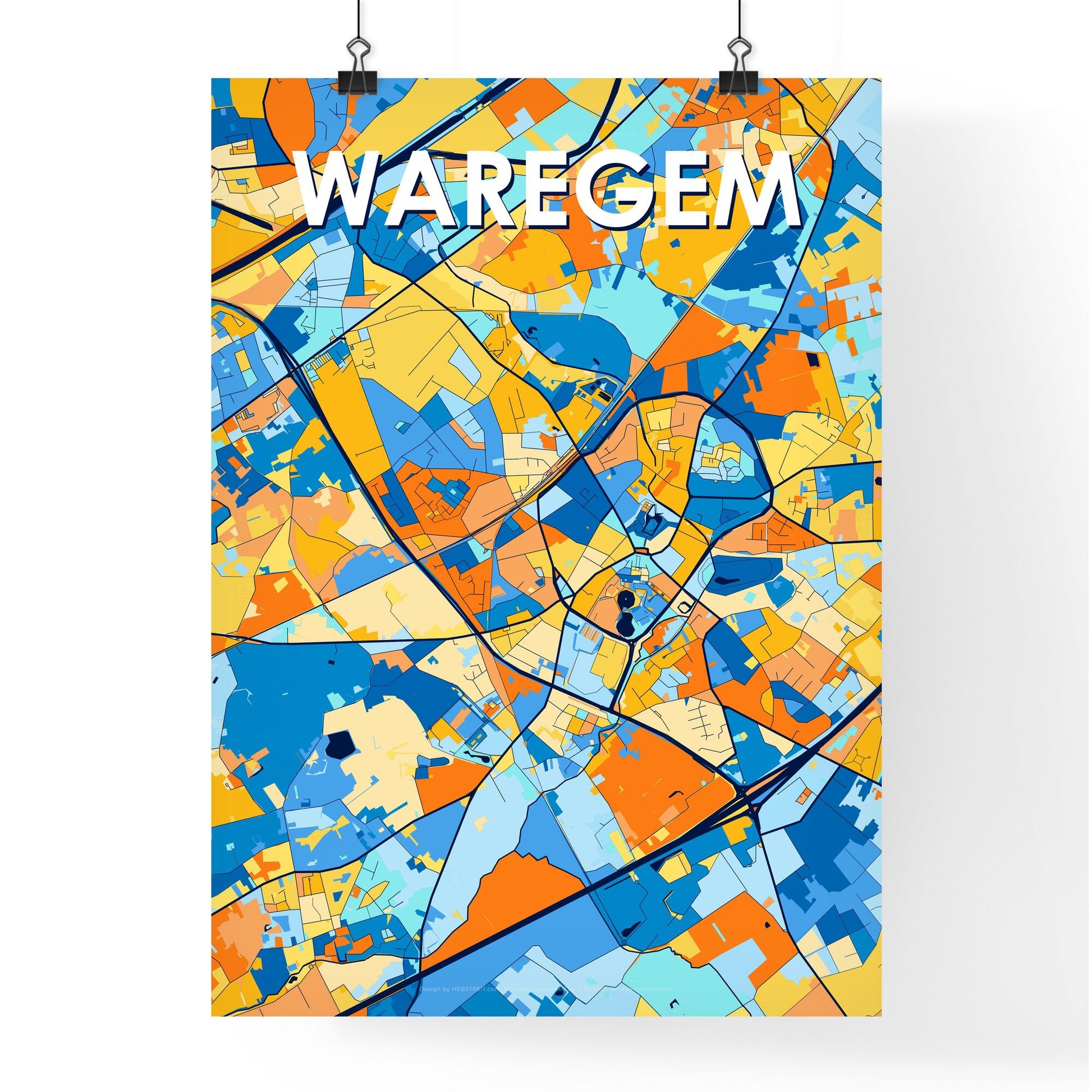 WAREGEM BELGIUM Vibrant Colorful Art Map Poster Blue Orange