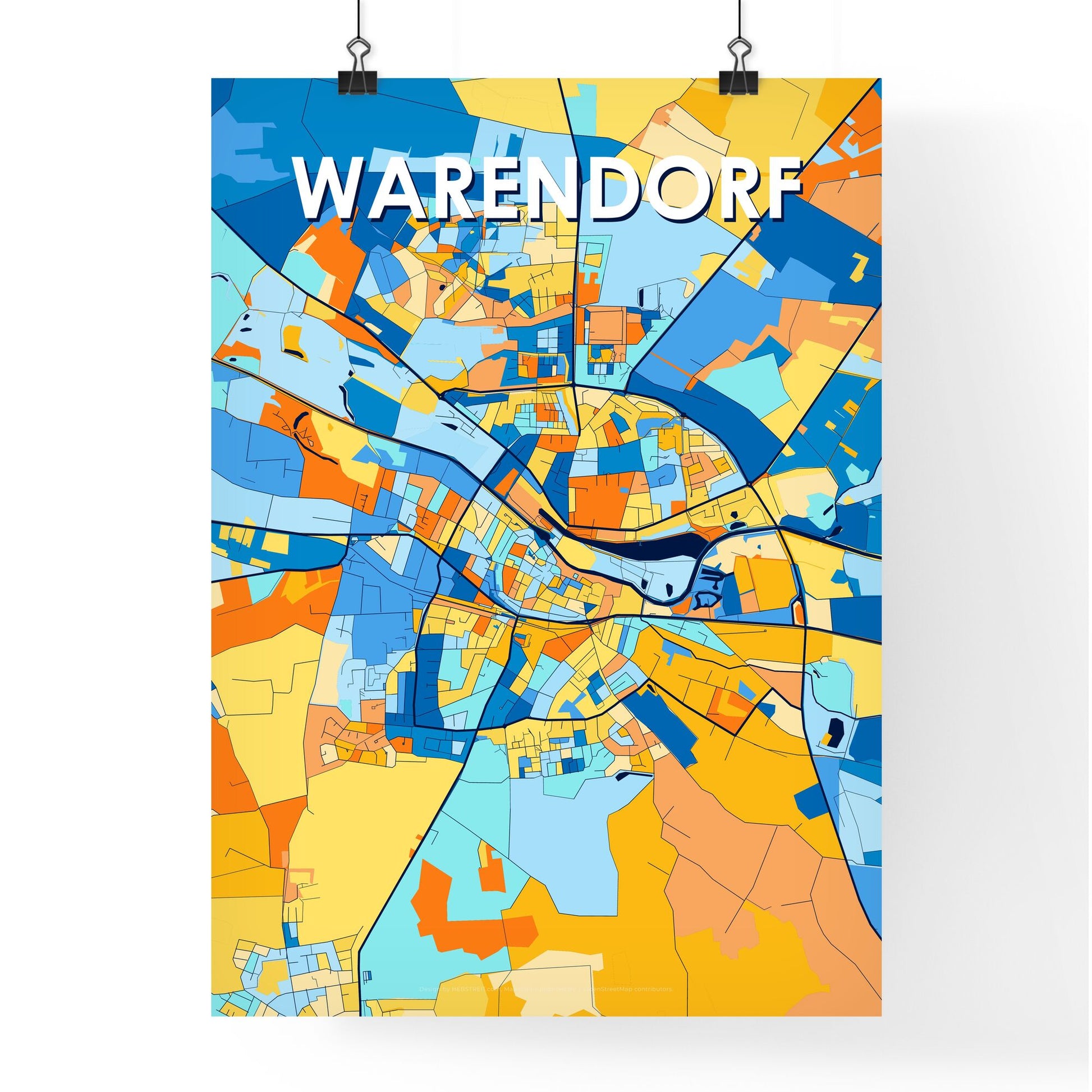 WARENDORF GERMANY Vibrant Colorful Art Map Poster Blue Orange