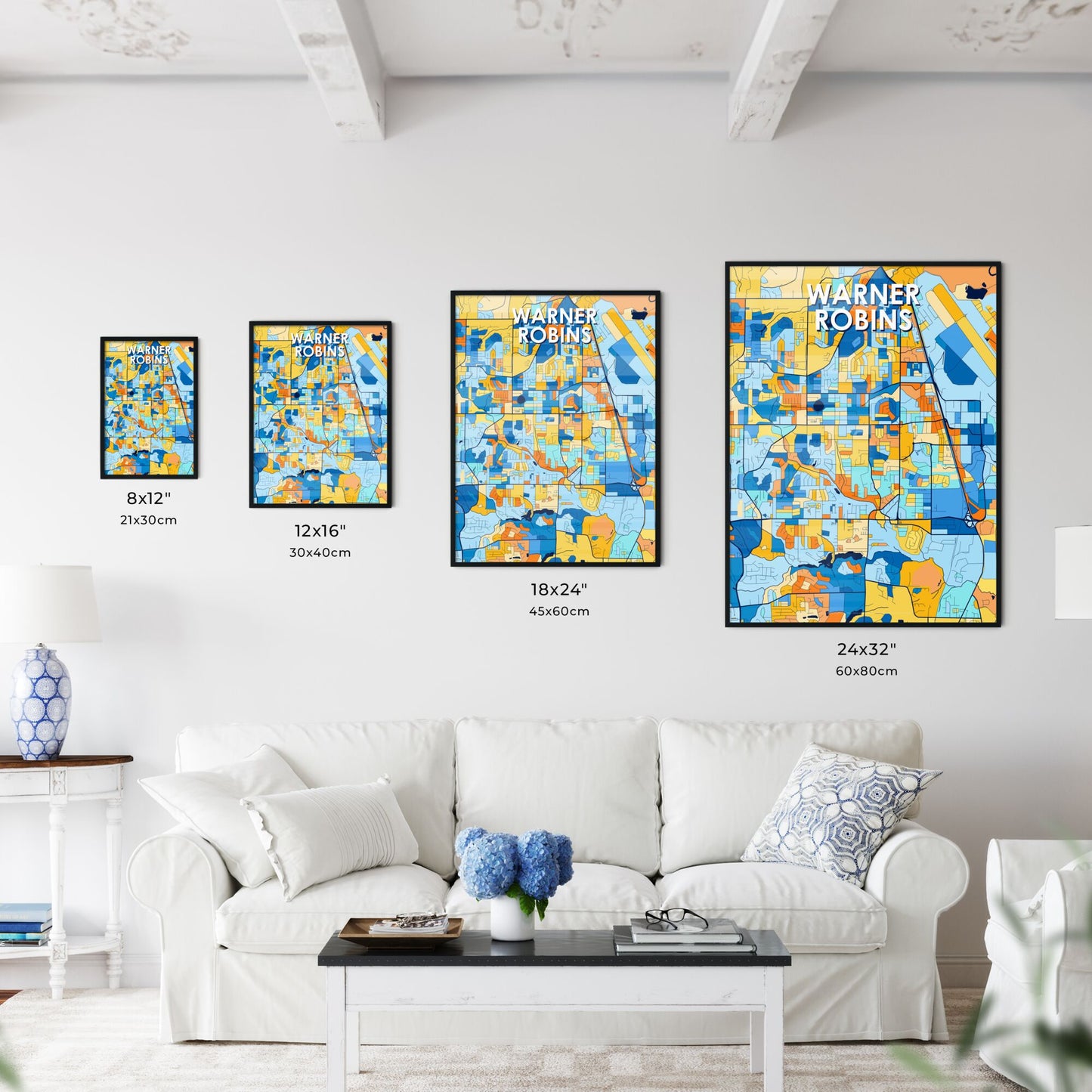 WARNER ROBINS GEORGIA Vibrant Colorful Art Map Poster Blue Orange