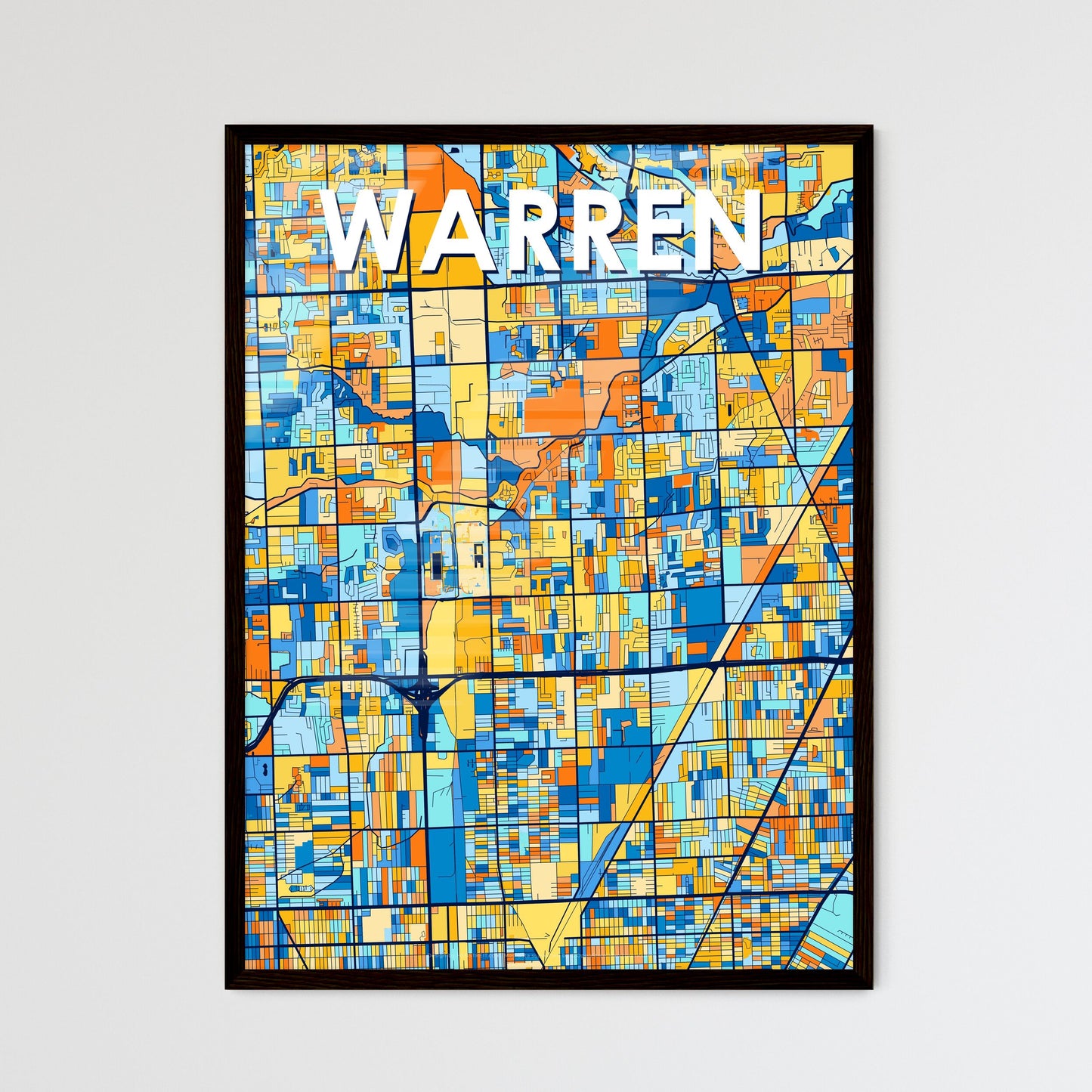 WARREN MICHIGAN Vibrant Colorful Art Map Poster Blue Orange