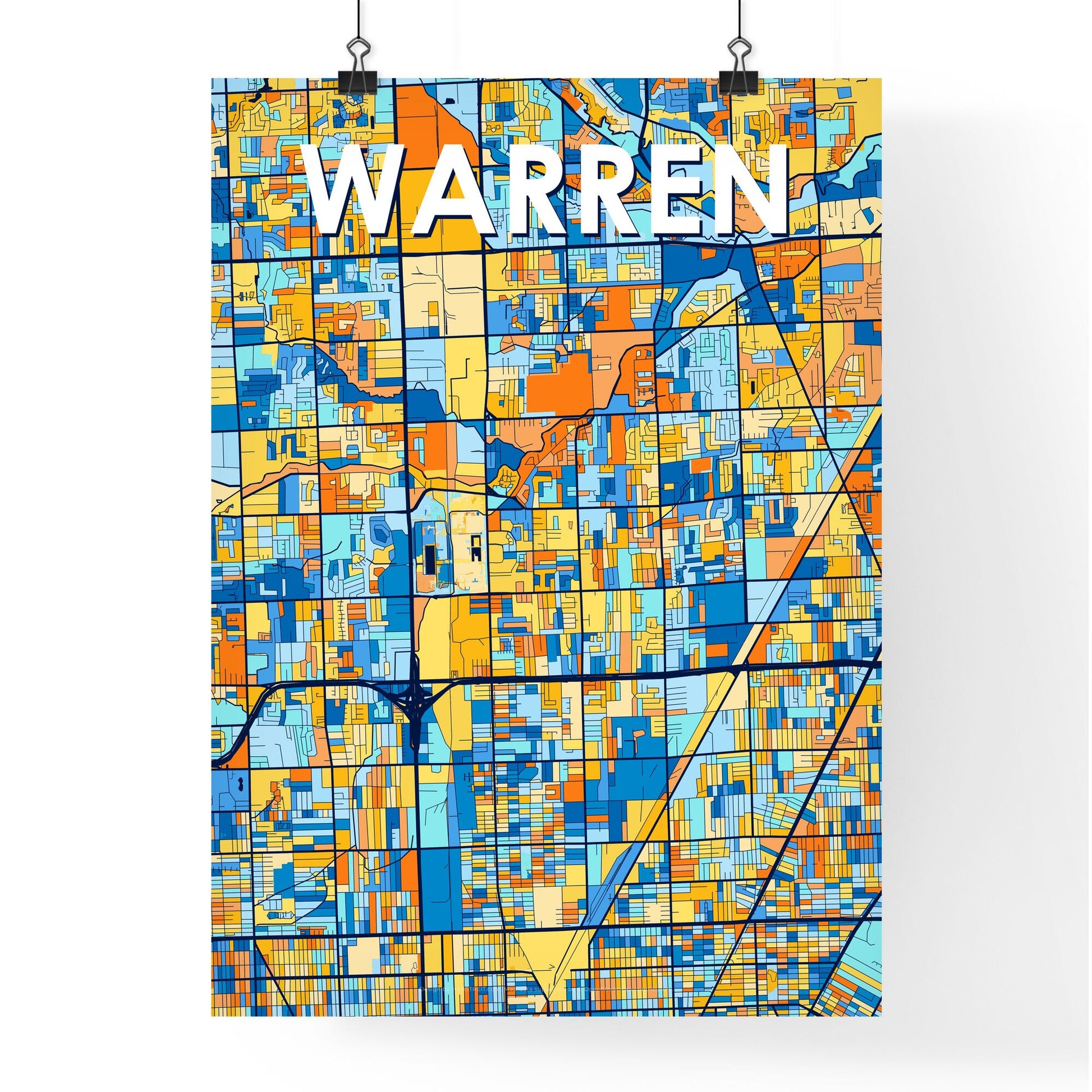 WARREN MICHIGAN Vibrant Colorful Art Map Poster Blue Orange