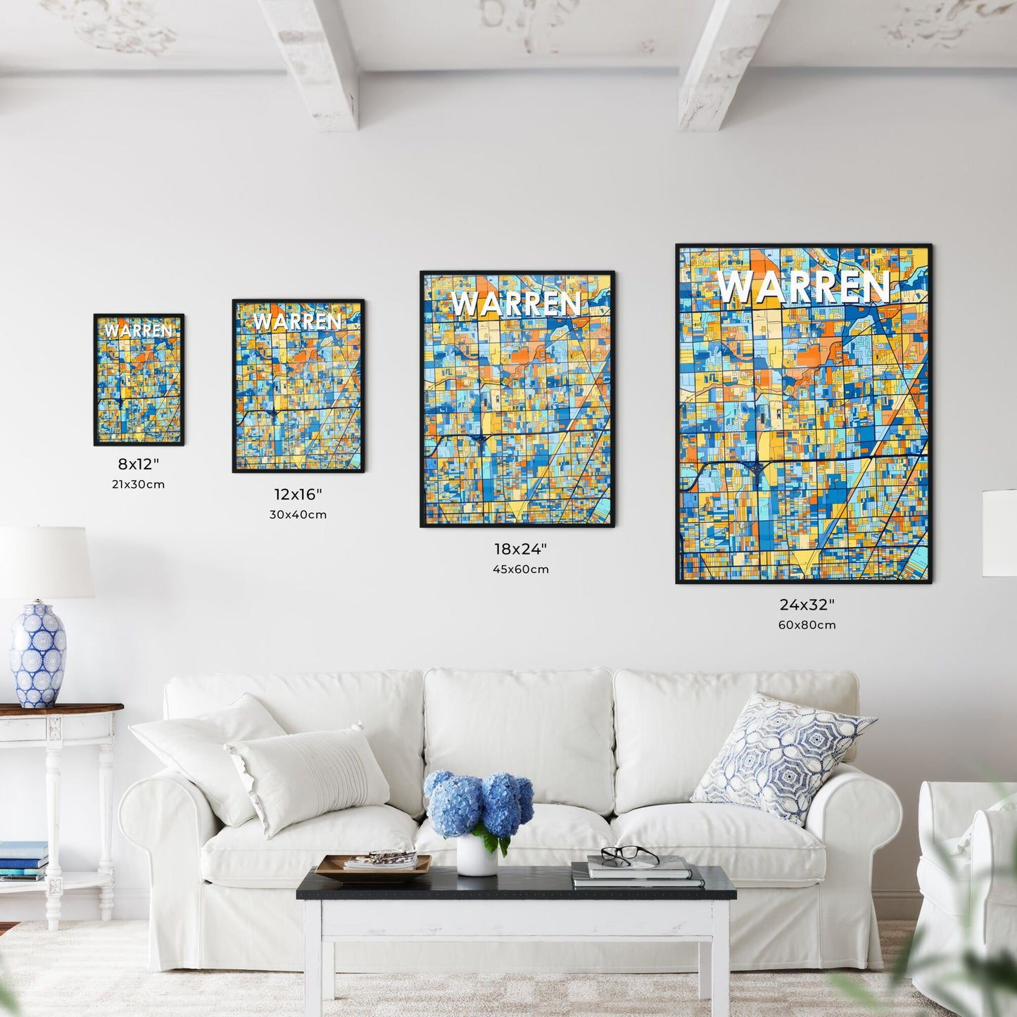 WARREN MICHIGAN Vibrant Colorful Art Map Poster Blue Orange