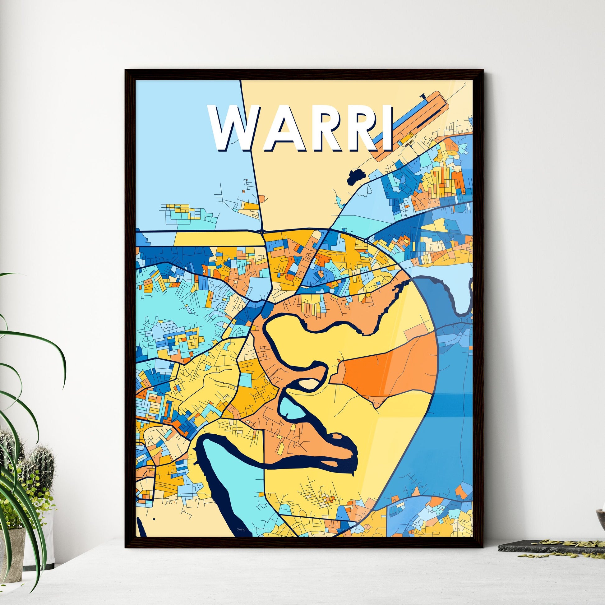 WARRI NIGERIA Vibrant Colorful Art Map Poster Blue Orange