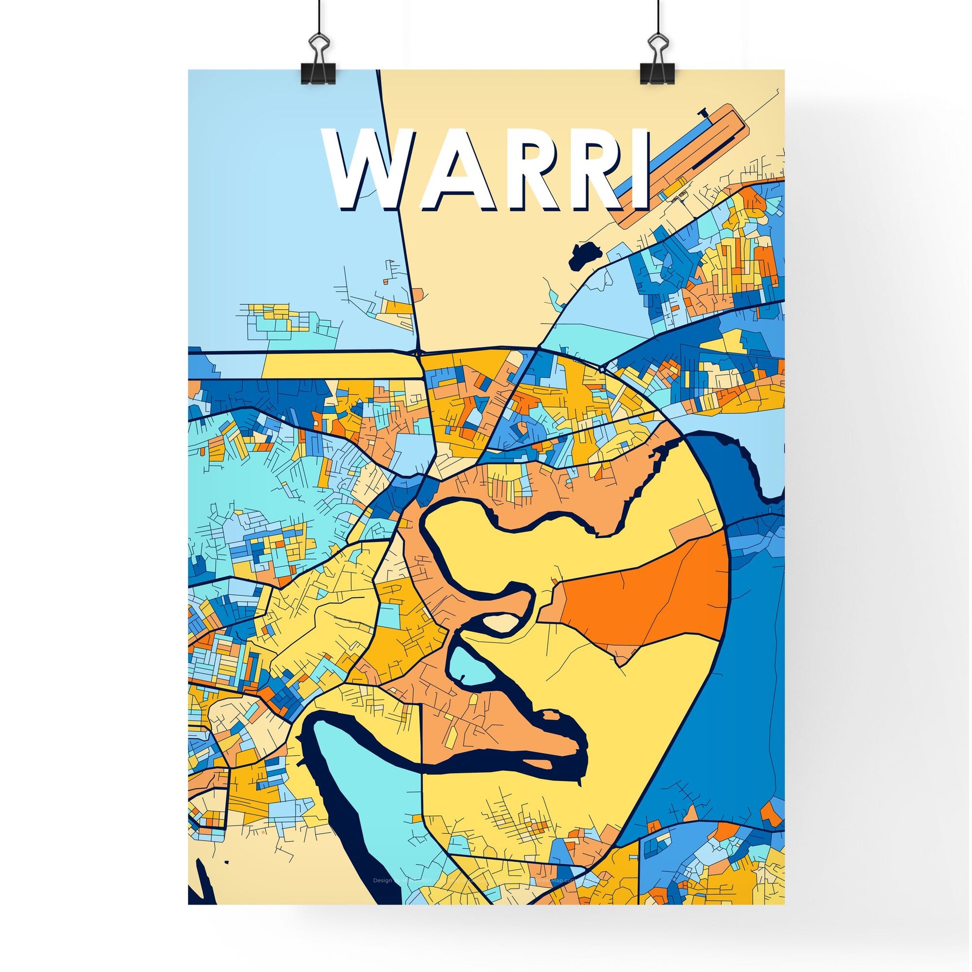 WARRI NIGERIA Vibrant Colorful Art Map Poster Blue Orange