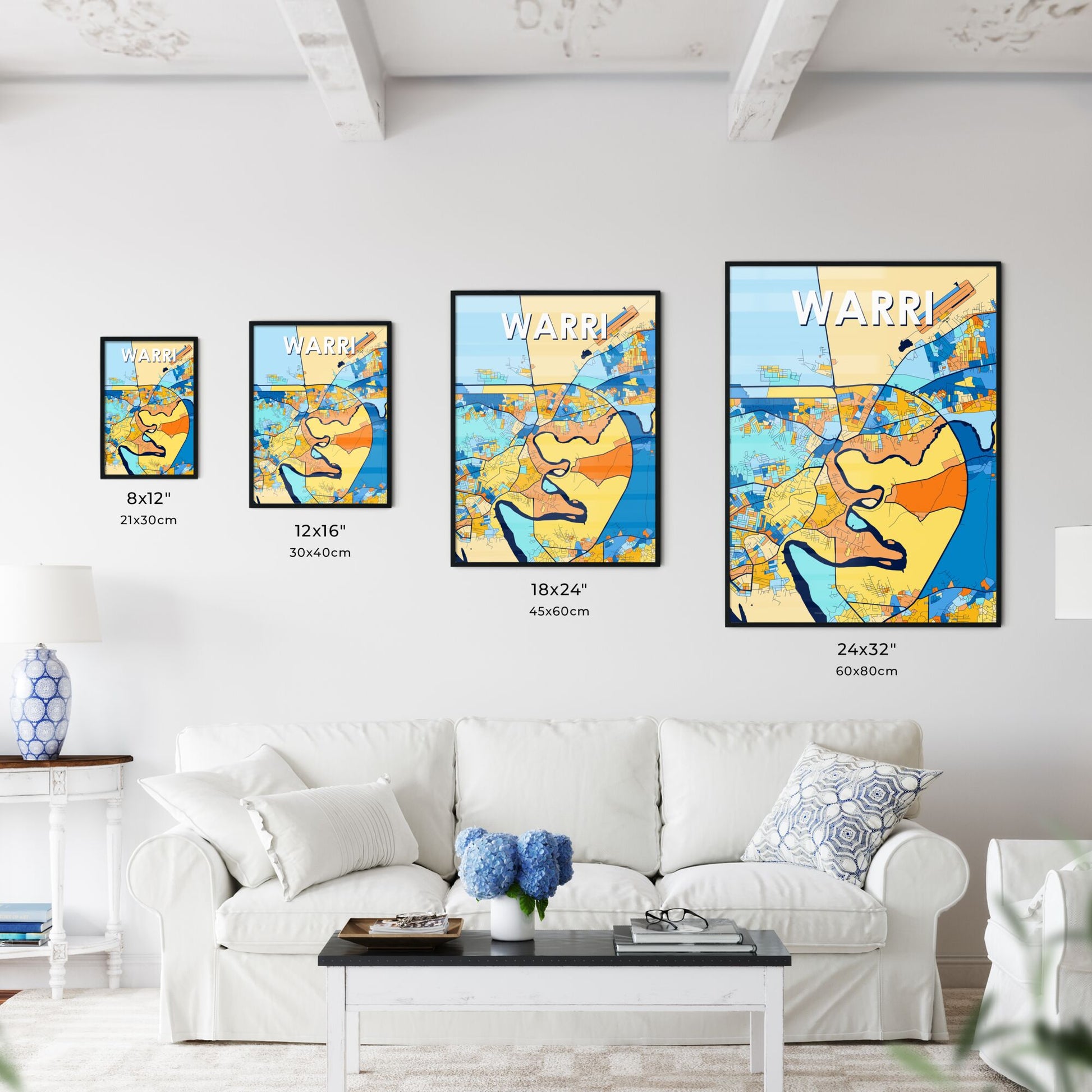 WARRI NIGERIA Vibrant Colorful Art Map Poster Blue Orange