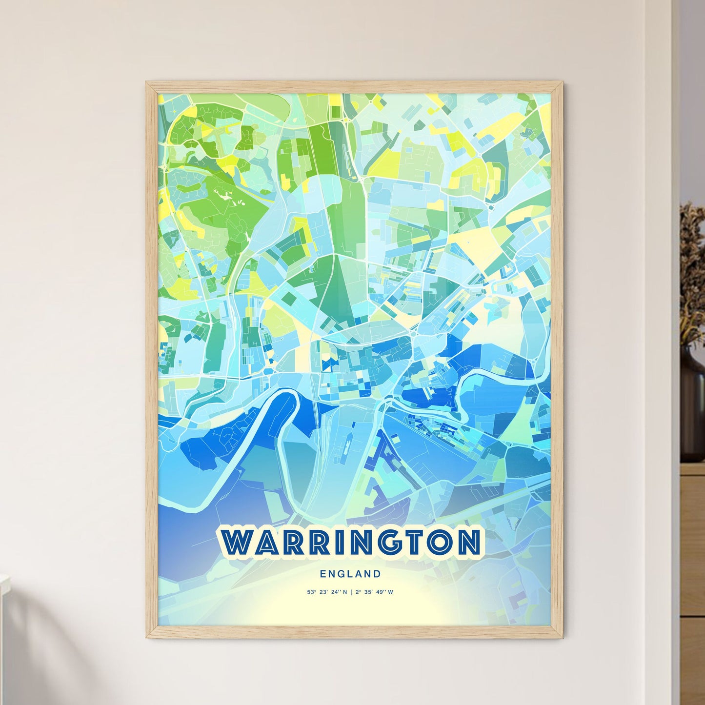 Colorful Warrington England Fine Art Map Cool Blue