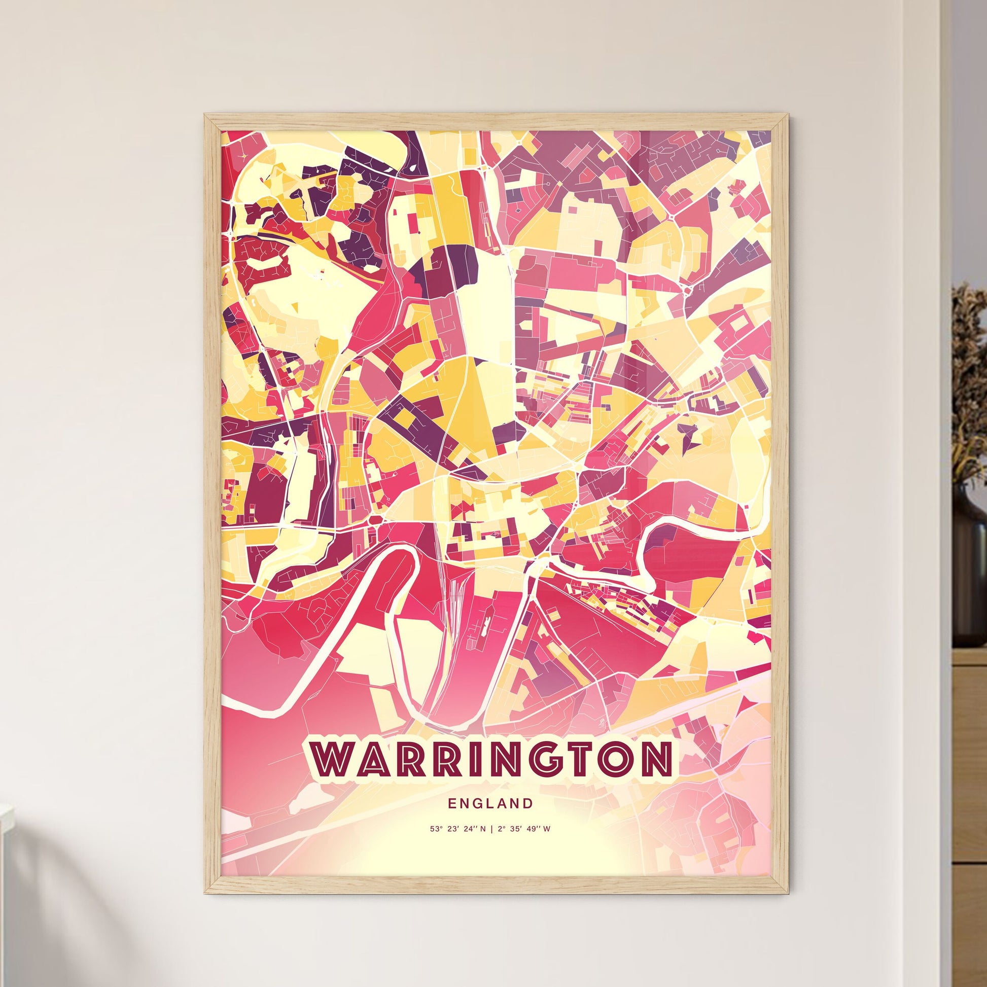 Colorful Warrington England Fine Art Map Hot Red