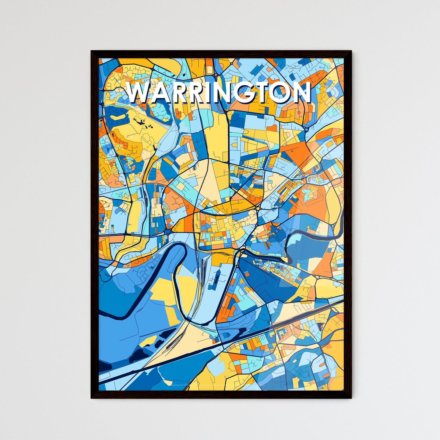 WARRINGTON ENGLAND Vibrant Colorful Art Map Poster Blue Orange