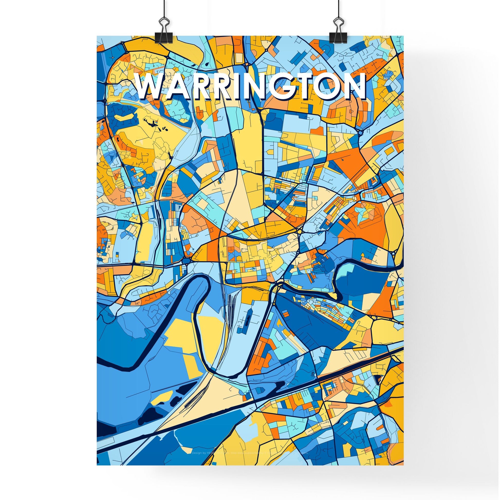 WARRINGTON ENGLAND Vibrant Colorful Art Map Poster Blue Orange