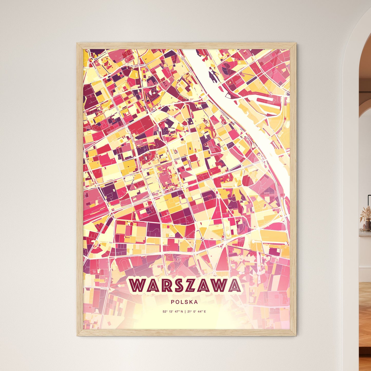 Colorful Warsaw Poland Fine Art Map Hot Red