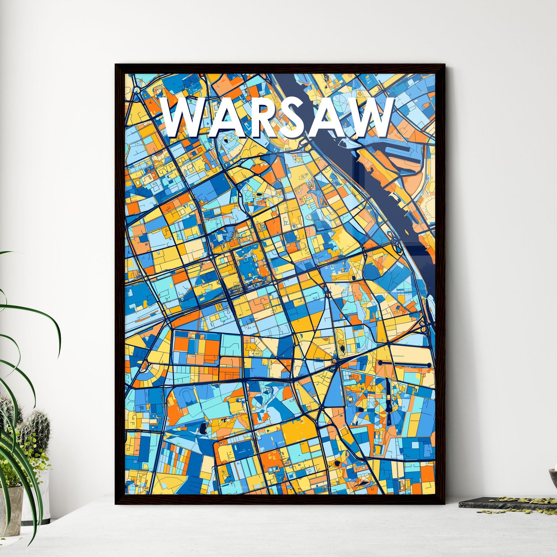 WARSAW POLAND Vibrant Colorful Art Map Poster Blue Orange