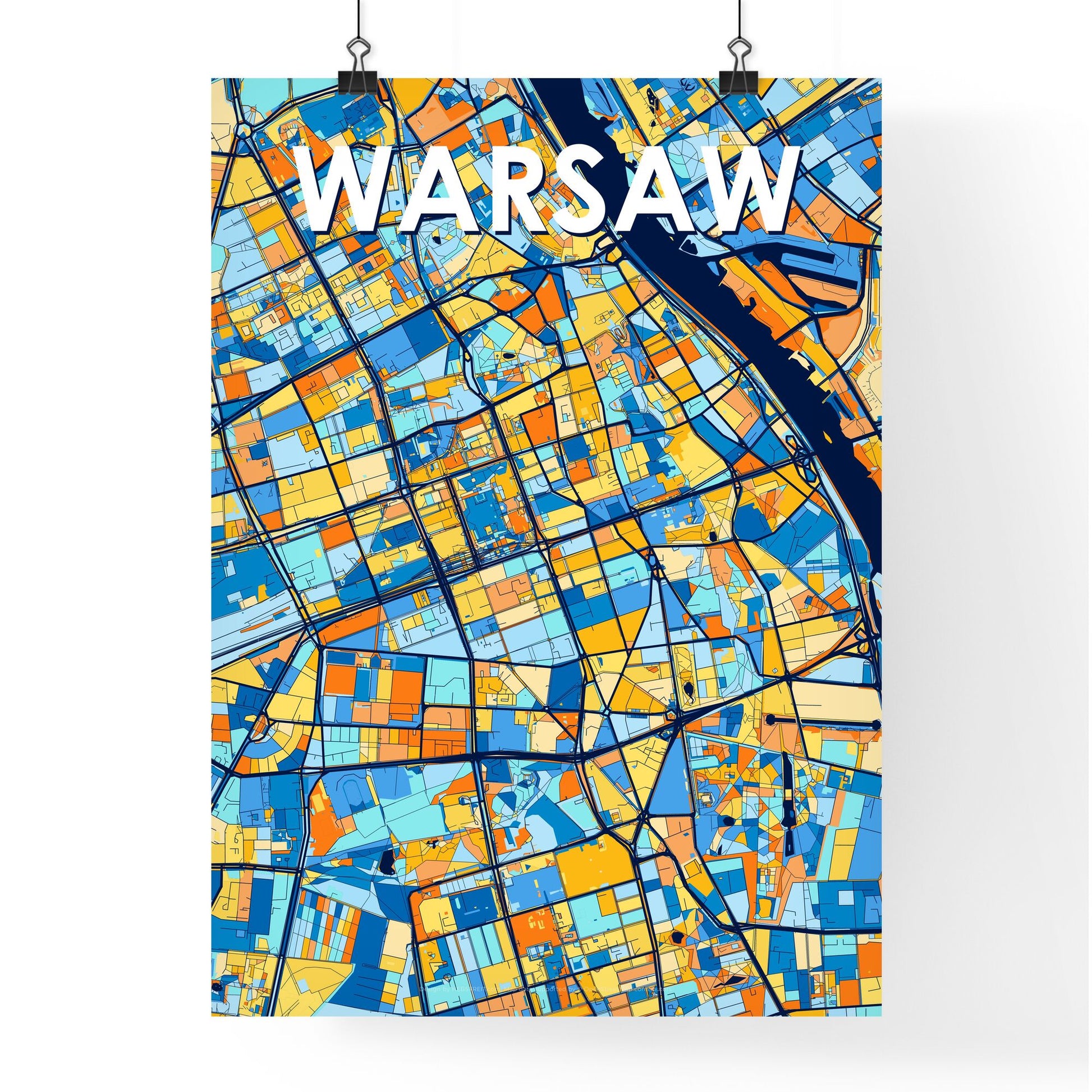 WARSAW POLAND Vibrant Colorful Art Map Poster Blue Orange