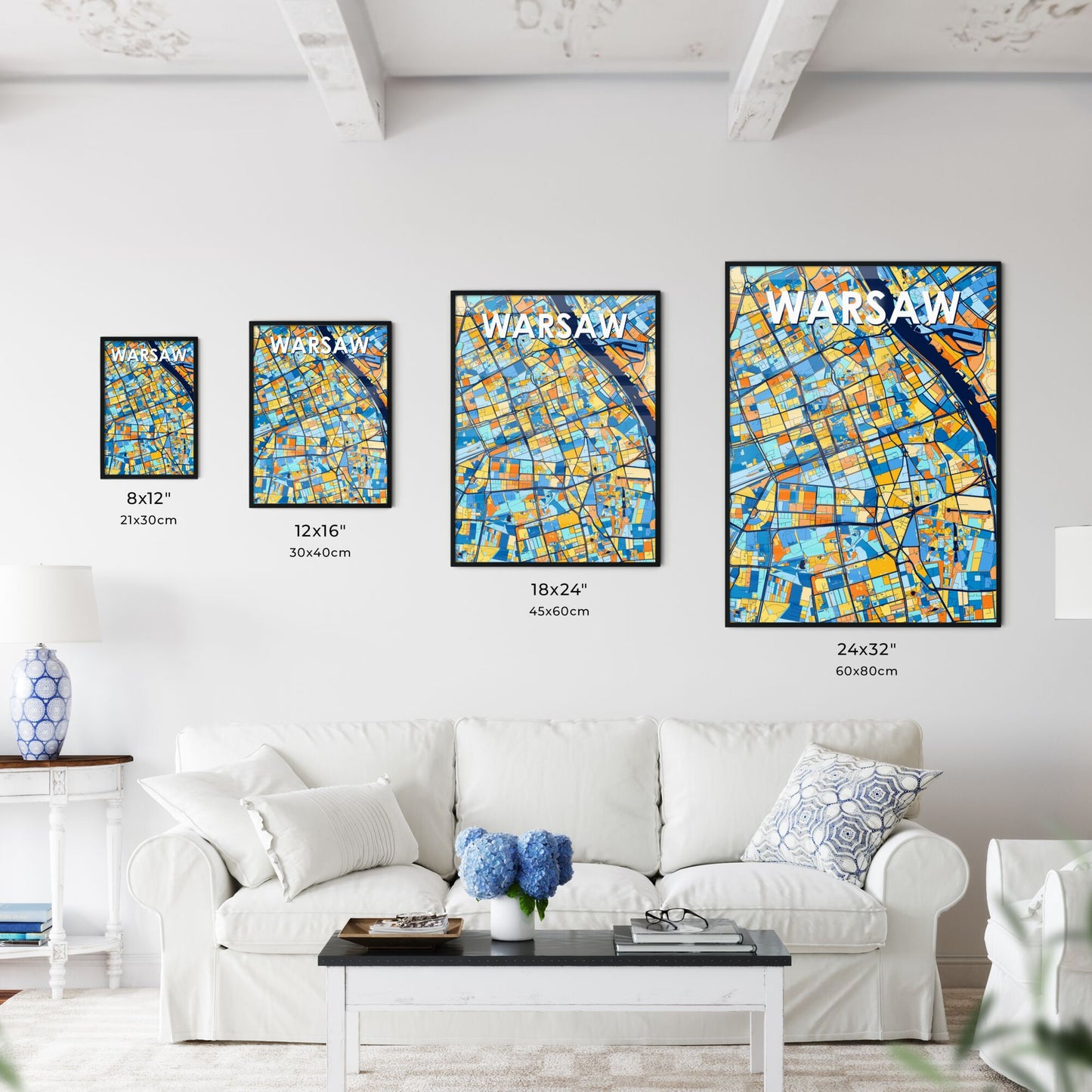 WARSAW POLAND Vibrant Colorful Art Map Poster Blue Orange