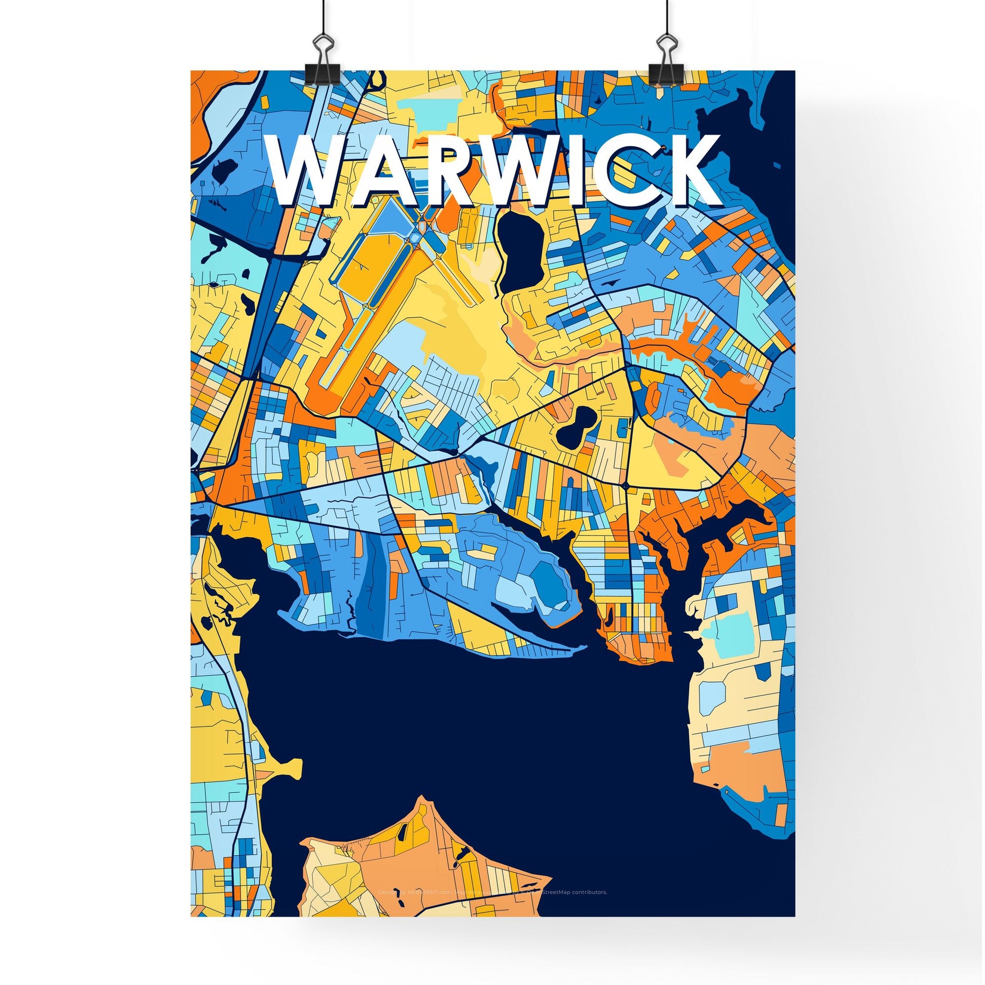 WARWICK RHODE ISLAND Vibrant Colorful Art Map Poster Blue Orange