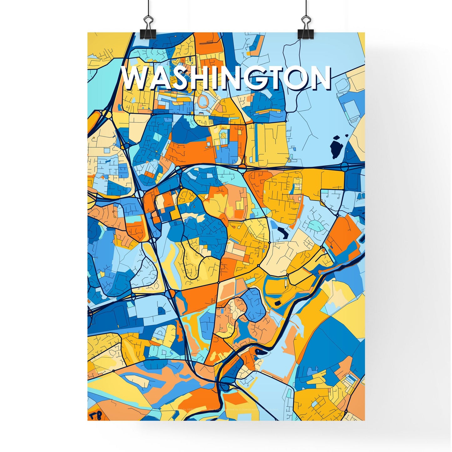 WASHINGTON ENGLAND Vibrant Colorful Art Map Poster Blue Orange