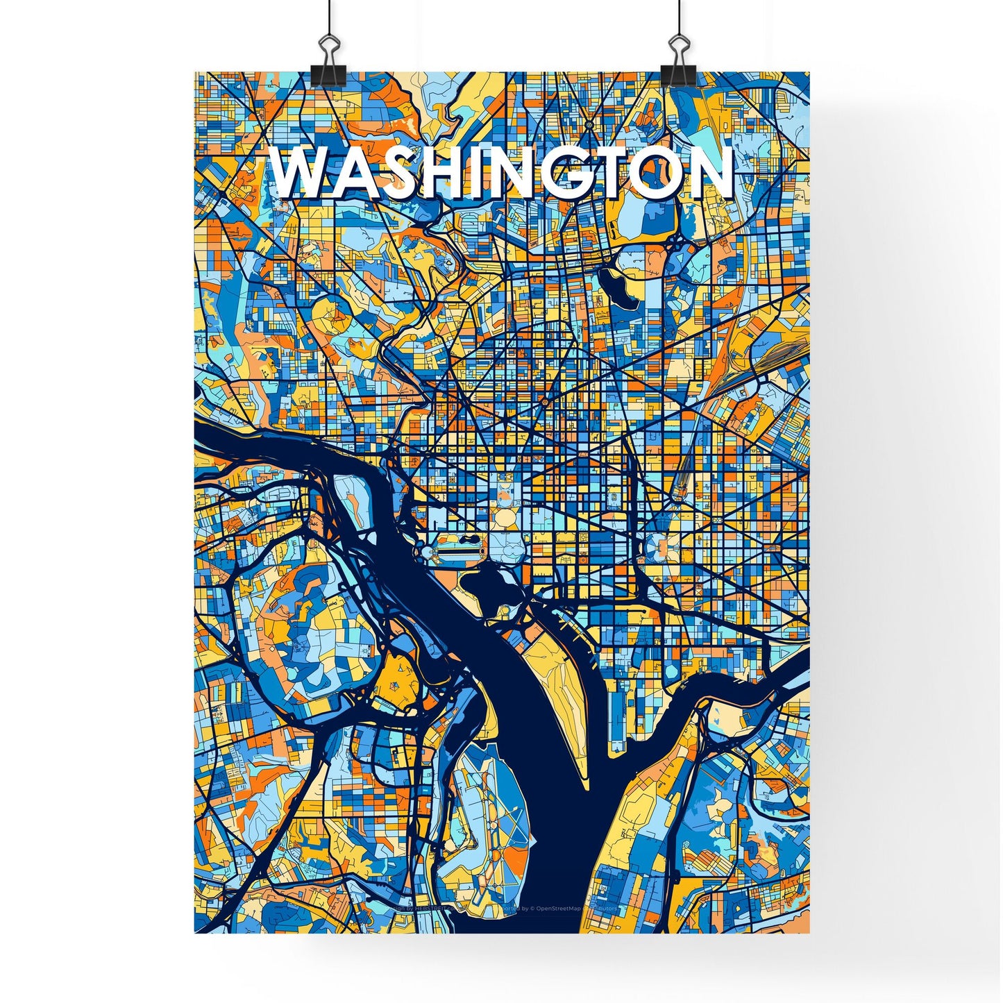 WASHINGTON D.C. Vibrant Colorful Art Map Poster Blue Orange