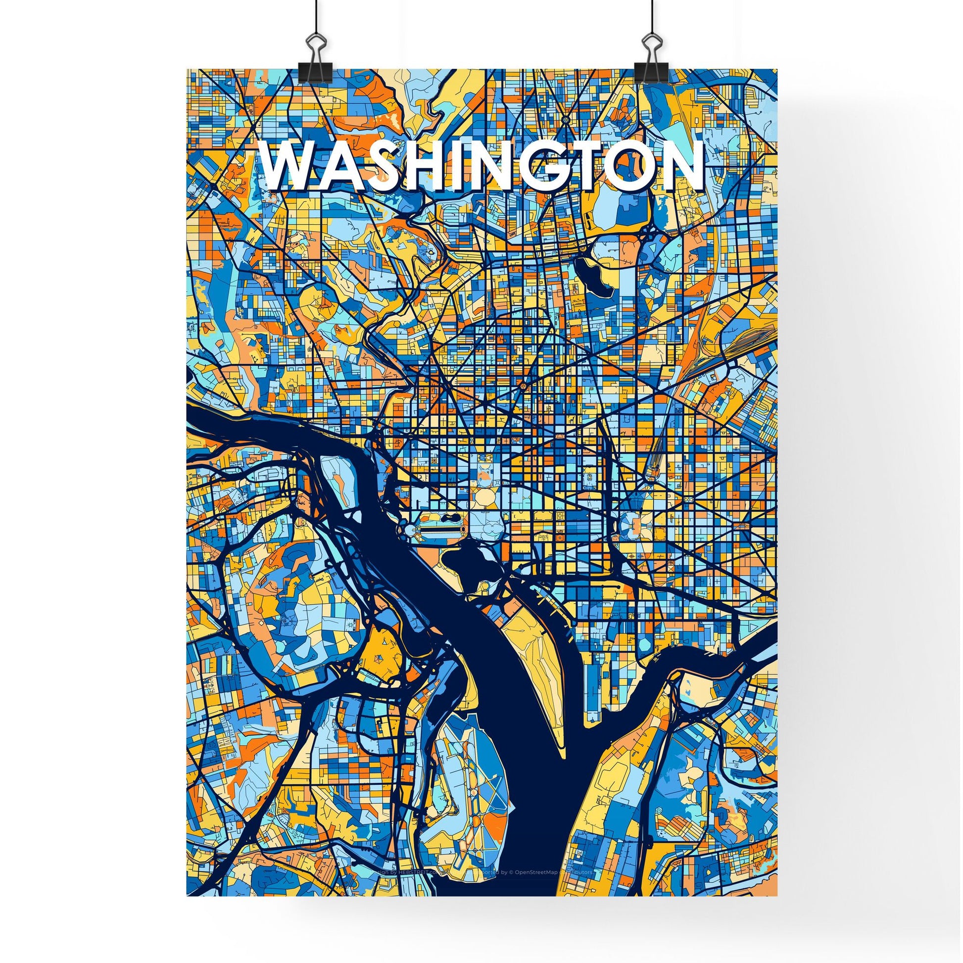 WASHINGTON D.C. Vibrant Colorful Art Map Poster Blue Orange