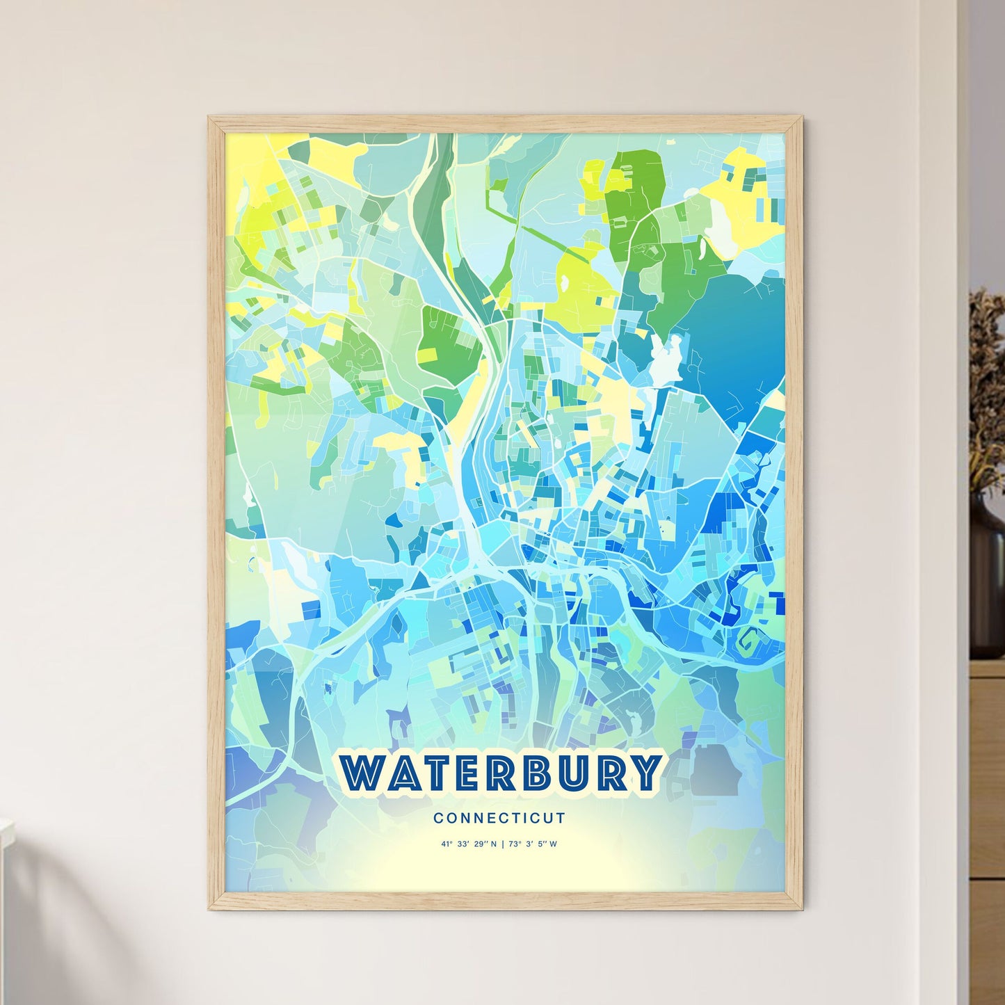 Colorful Waterbury Connecticut Fine Art Map Cool Blue