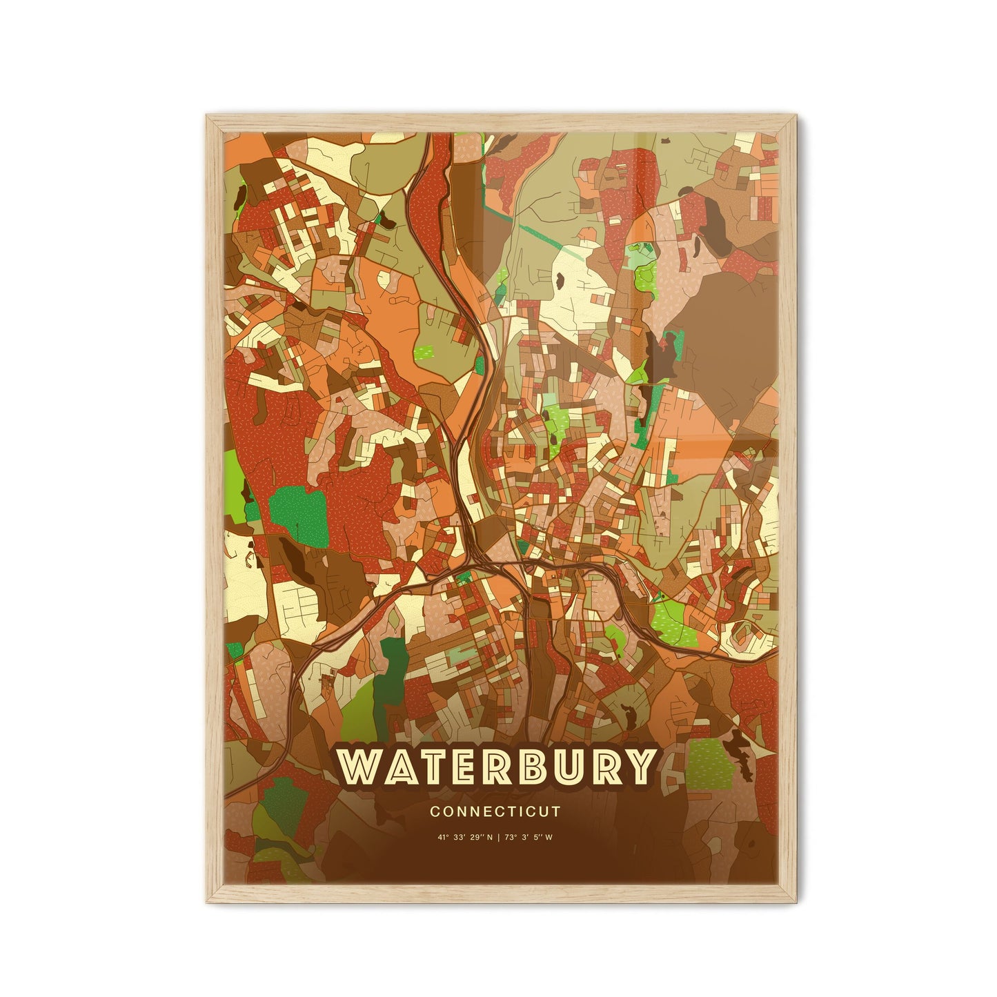 Colorful Waterbury Connecticut Fine Art Map Farmhouse