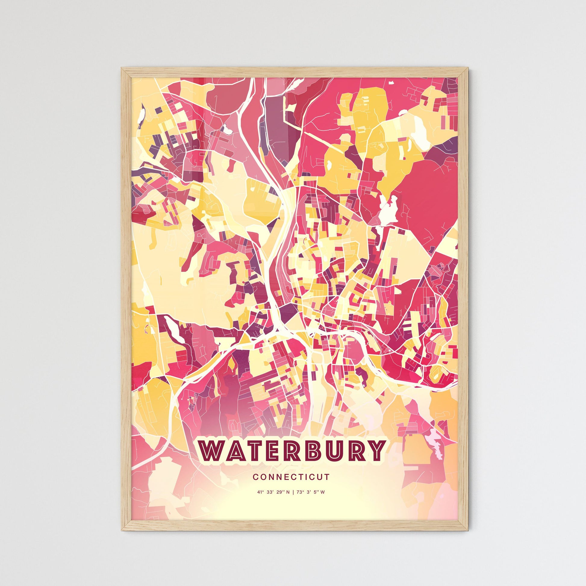 Colorful Waterbury Connecticut Fine Art Map Hot Red