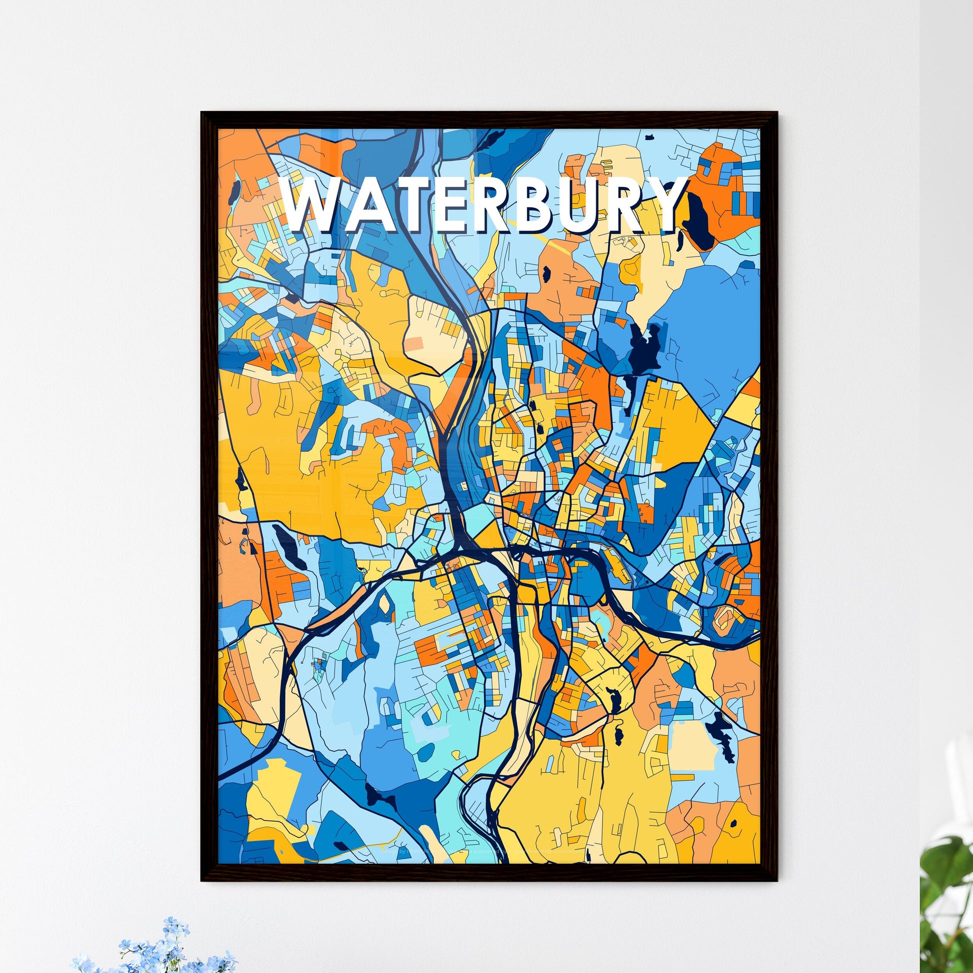 WATERBURY CONNECTICUT Vibrant Colorful Art Map Poster Blue Orange