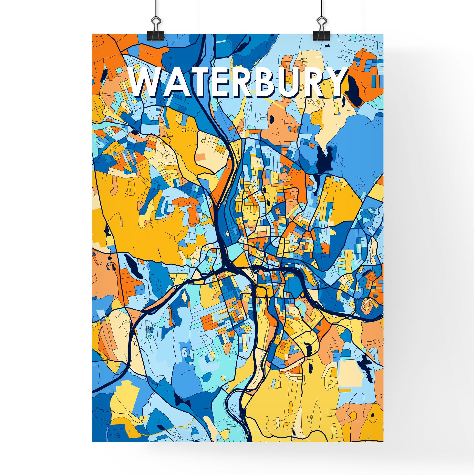 WATERBURY CONNECTICUT Vibrant Colorful Art Map Poster Blue Orange