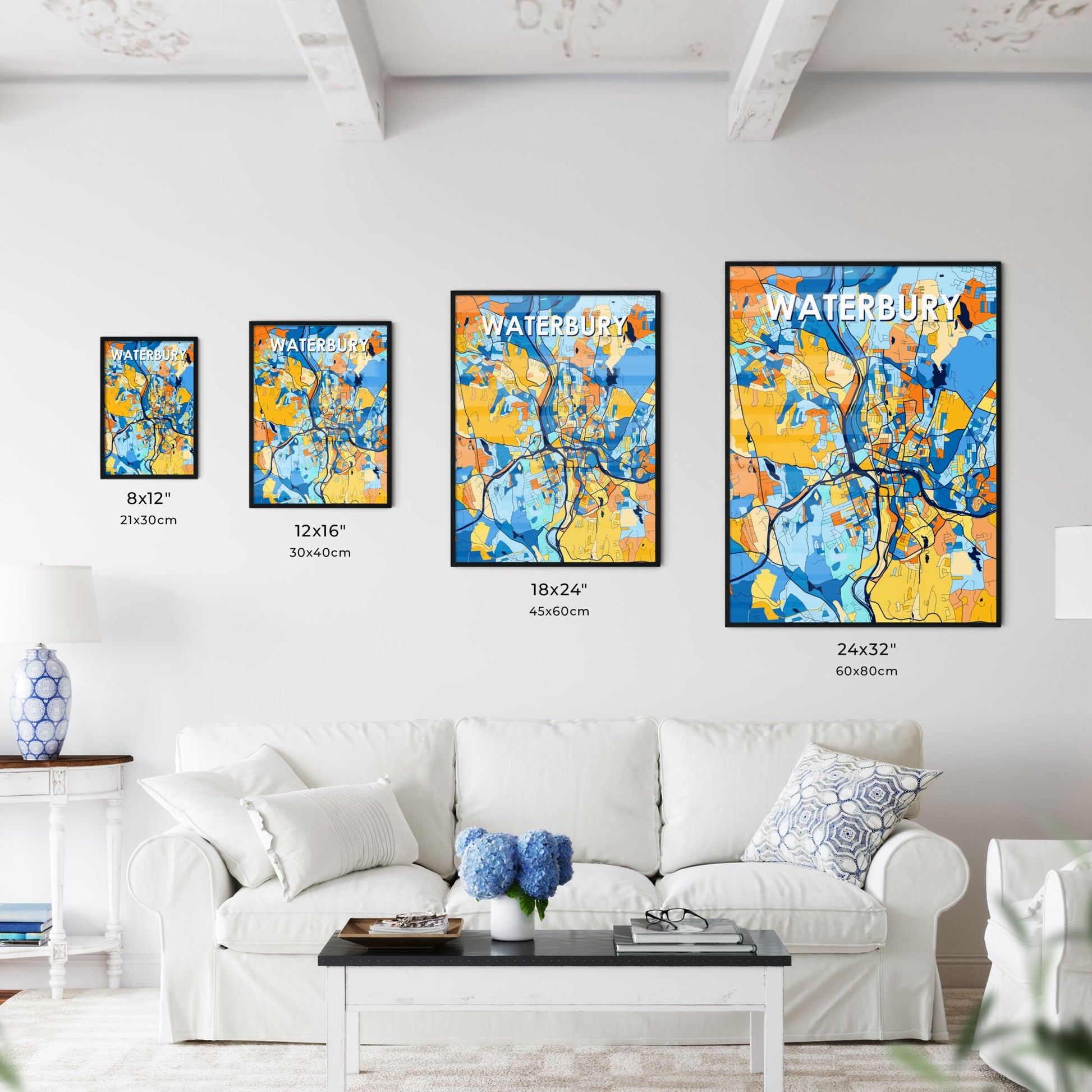 WATERBURY CONNECTICUT Vibrant Colorful Art Map Poster Blue Orange