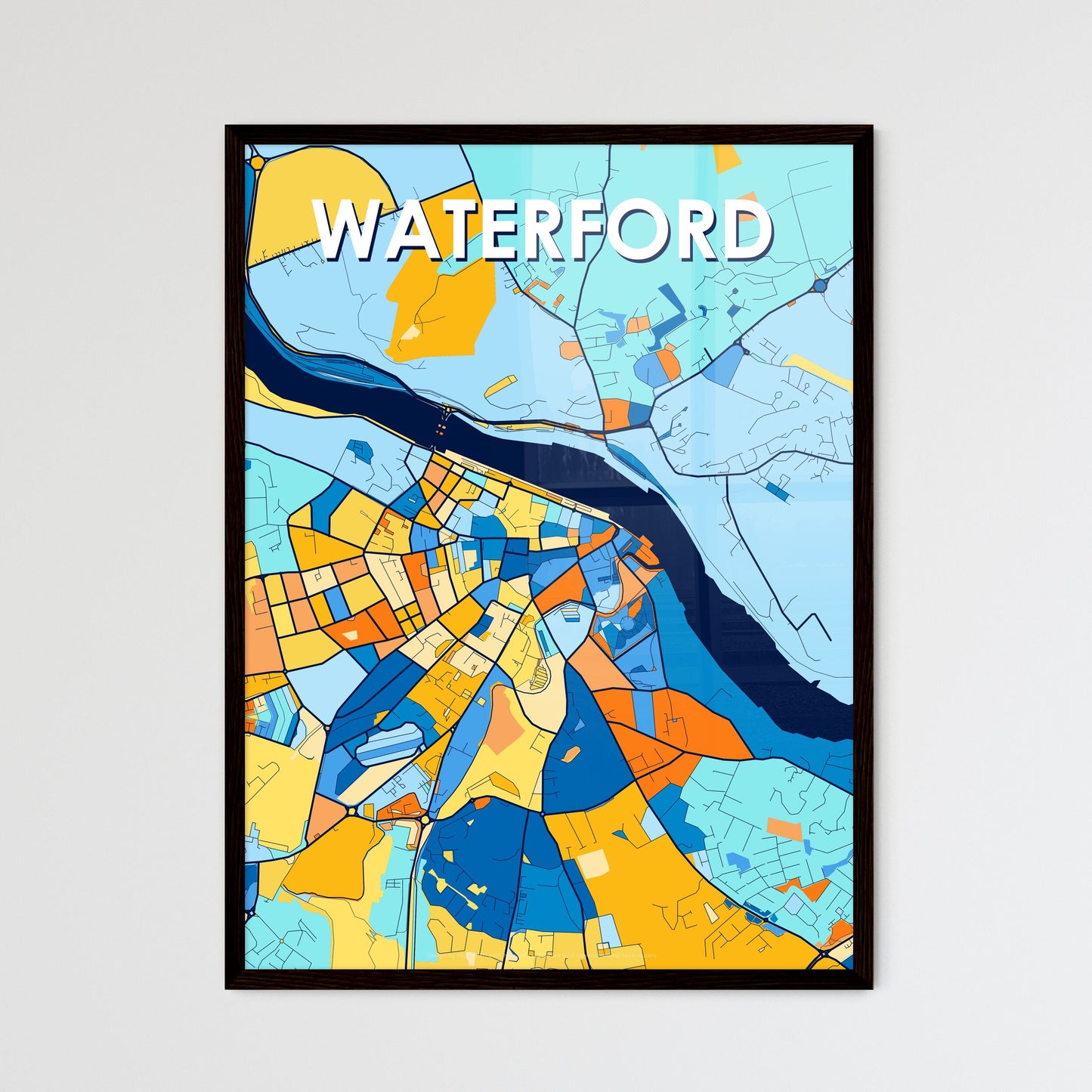 WATERFORD IRELAND Vibrant Colorful Art Map Poster Blue Orange