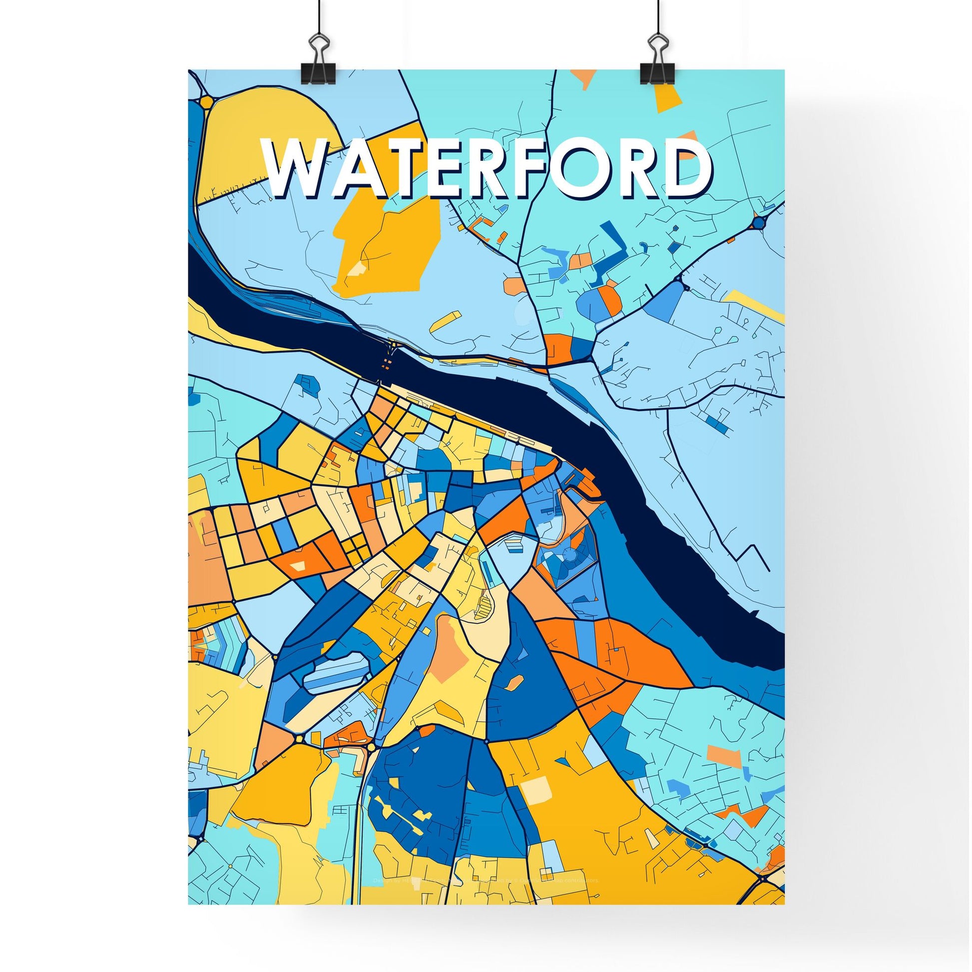 WATERFORD IRELAND Vibrant Colorful Art Map Poster Blue Orange