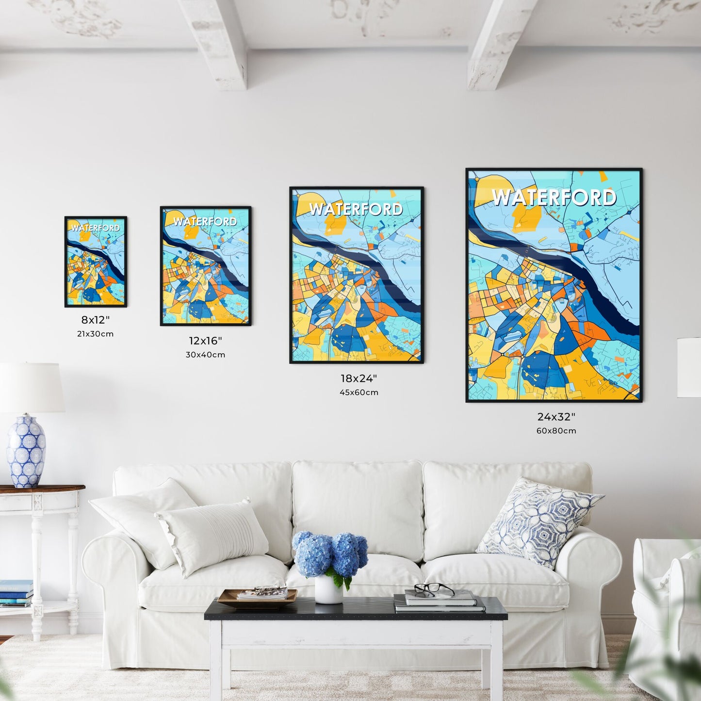 WATERFORD IRELAND Vibrant Colorful Art Map Poster Blue Orange